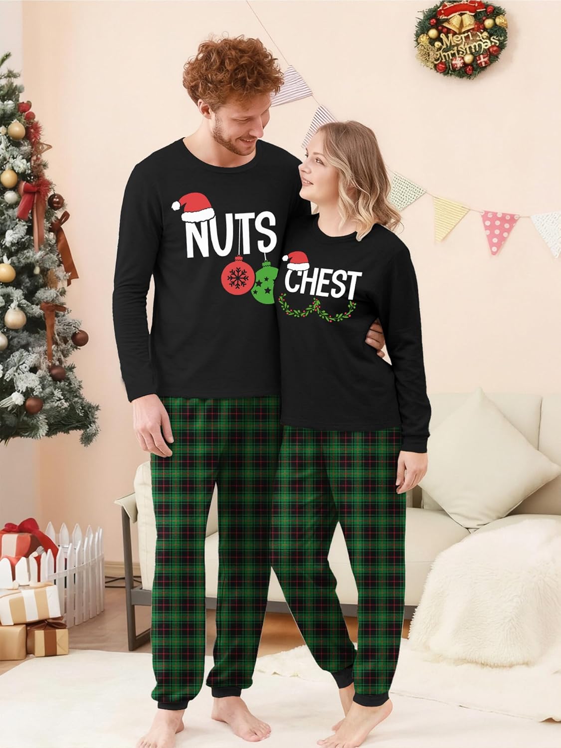 Couple Christmas Pajamas Chest Nuts Christmas T Shirt Matching Sets Women Clothing Xmas Sleepwear for Women Her Girlfriend Black XL - Image 7