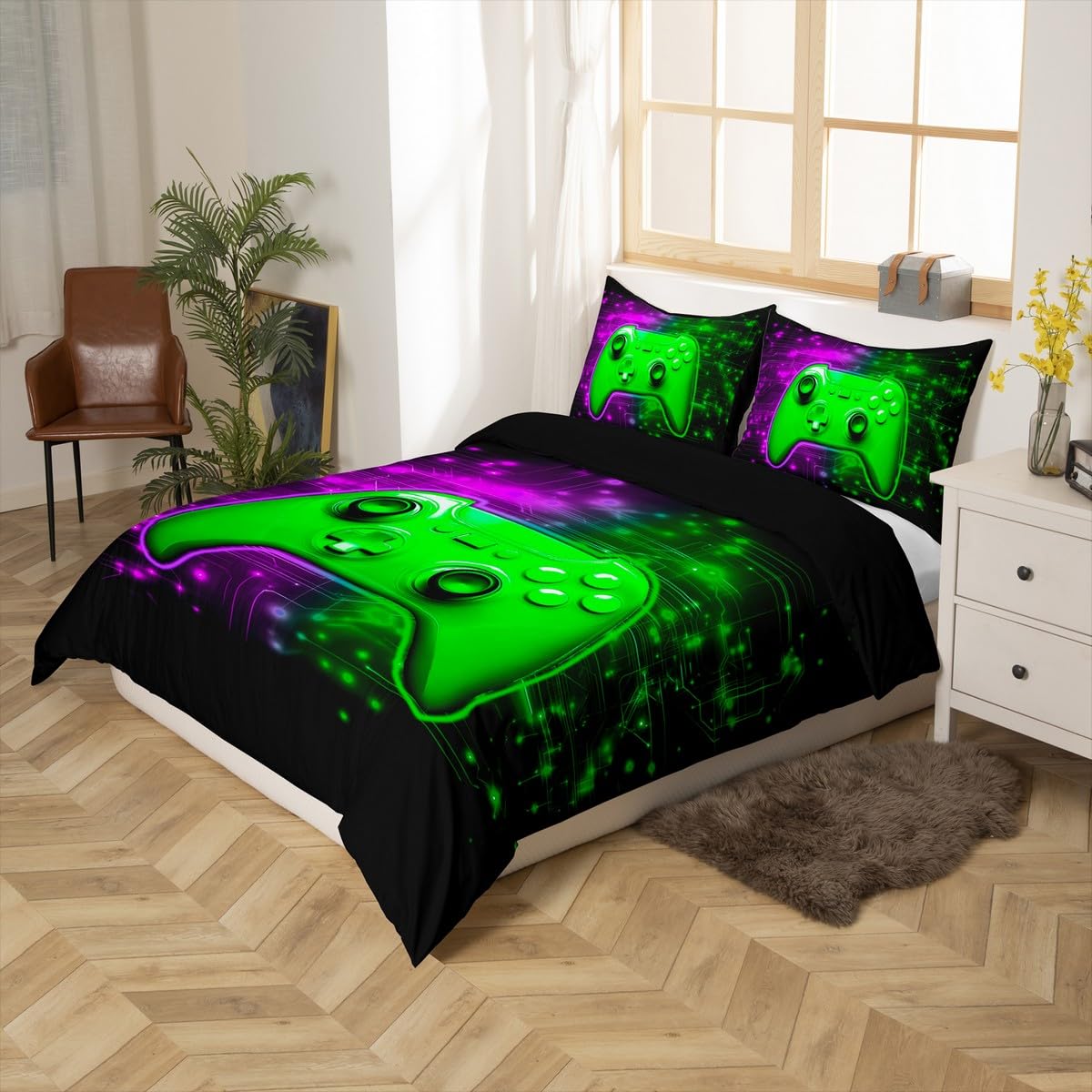 Homemissing Gamer Duvet Cover Set Single Size Green Gaming Breathable Bedding Set Purple GamePad Zippered Duvet Cover with 1 Pillowcase Children Games Controller For Teenager Boy - Image 2