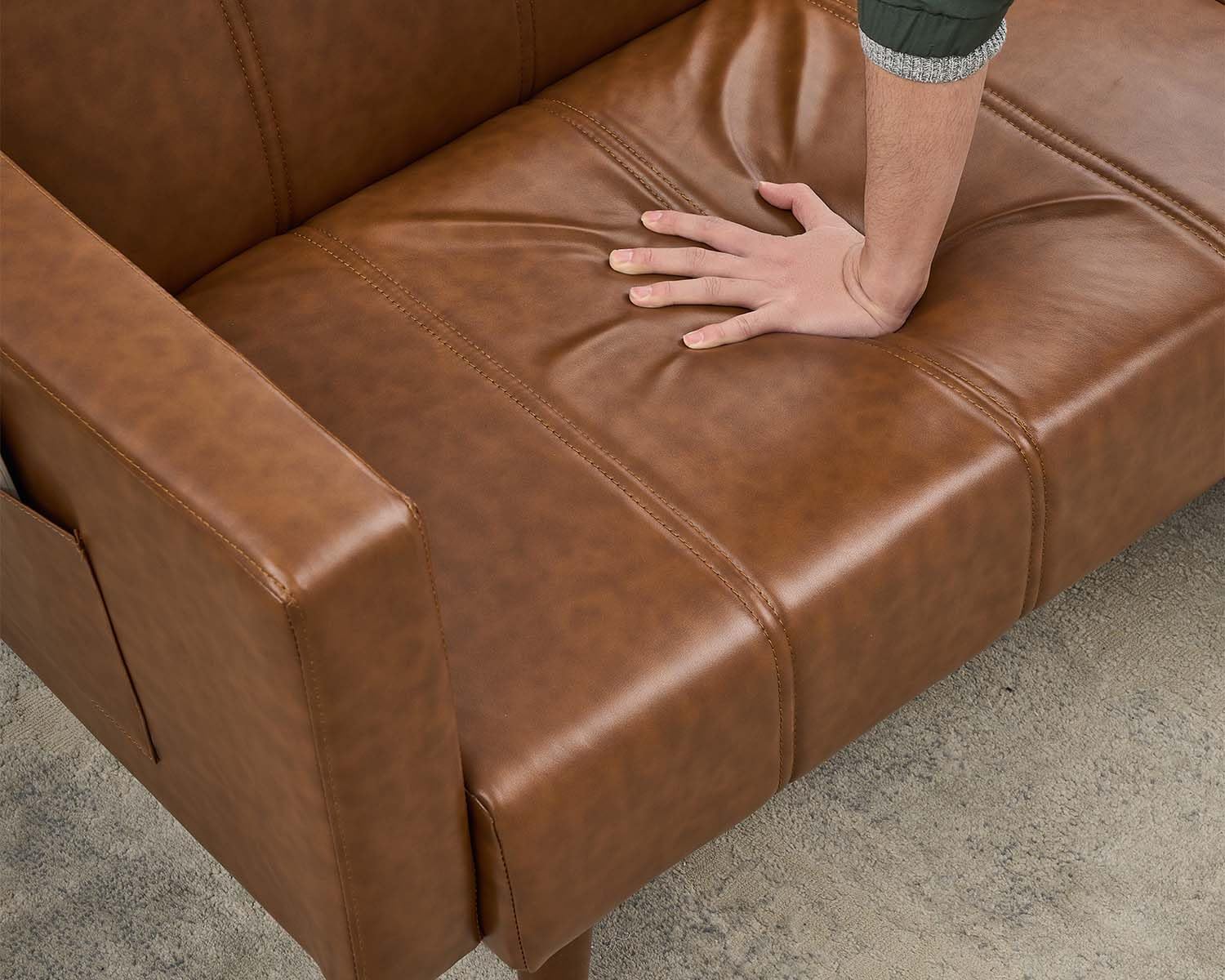 75" Convertible Futon Sofa Bed, Mid-Century Modern PU Leather Couch with Adjustable Backrest, Sleeper Loveseat with Side Pockets, Easy Assembly for Living Room & Guest Room (Brown)