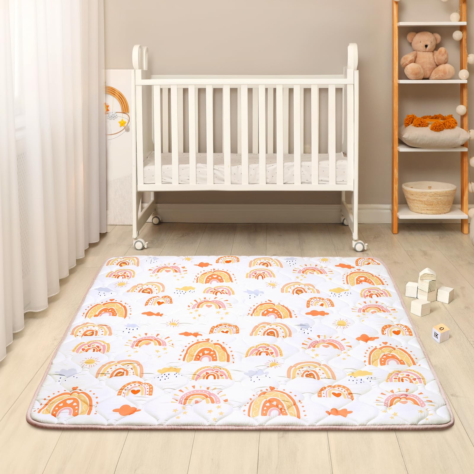 decalsweet Tappeto Gioco Bambini 127×127cm, Addensato 2cm Tappeto Gioco Neonato, Antiscivolo Pieghevole Tappeto Cameretta Bambina & Bambino, Tappeto Tummy Time Neonati (Arcobaleno Boho)