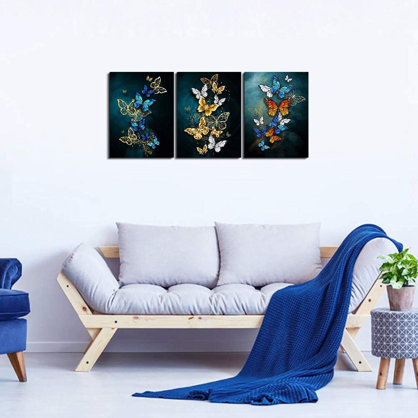 Decoración de la pared de la sala de estar Arte de la pared de la lona para el dormitorio Pintura de la pared del baño Obra de arte Fondo azul Mariposa abstracta 70x90cm (28x35in) x3 Marco interior