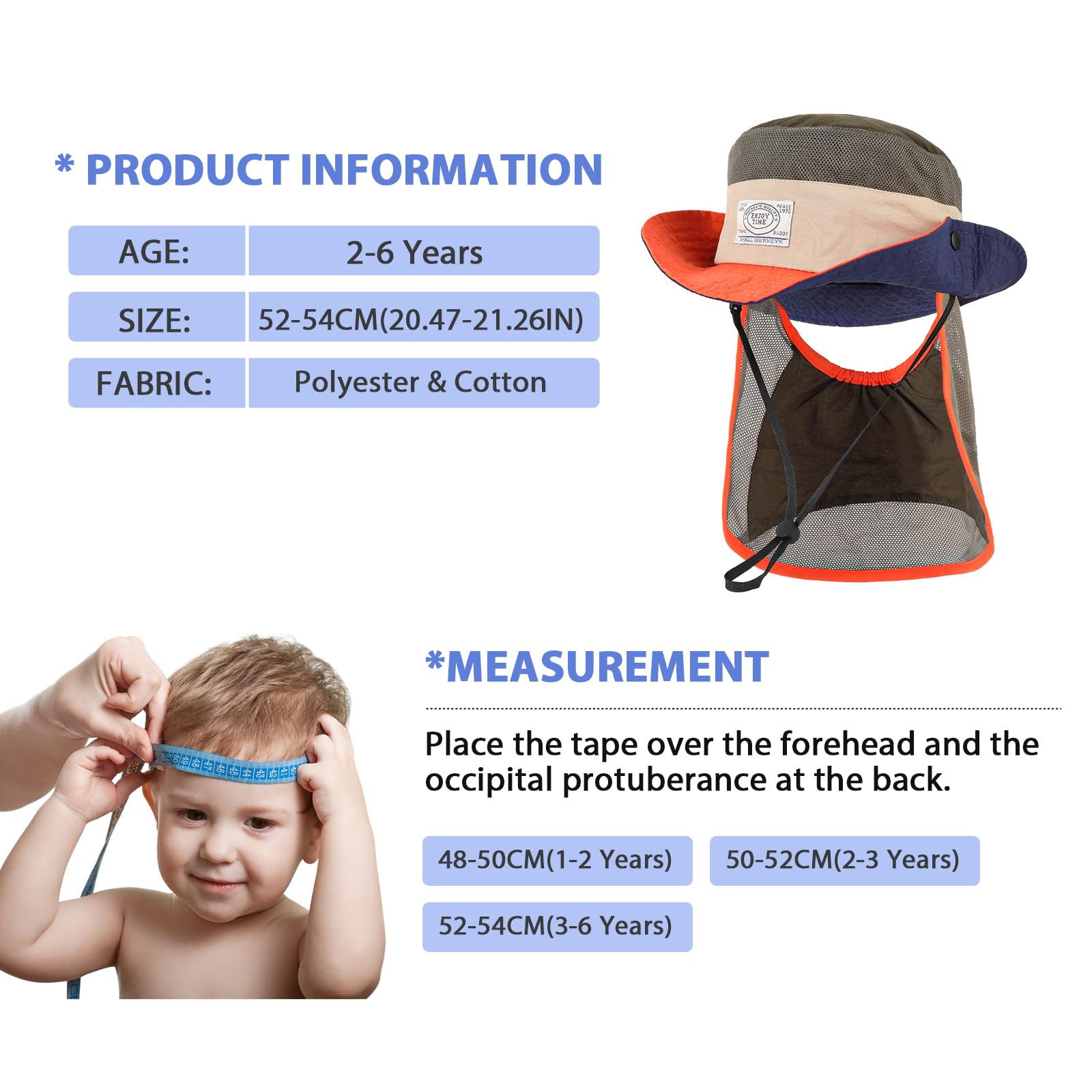 TAGVO Chapeau de Soleil pour Enfants, Protection UV avec Jugulaire, Casquette à Bavolet Détachable, à Large Bords pour Enfants de 2 à 6 Ans