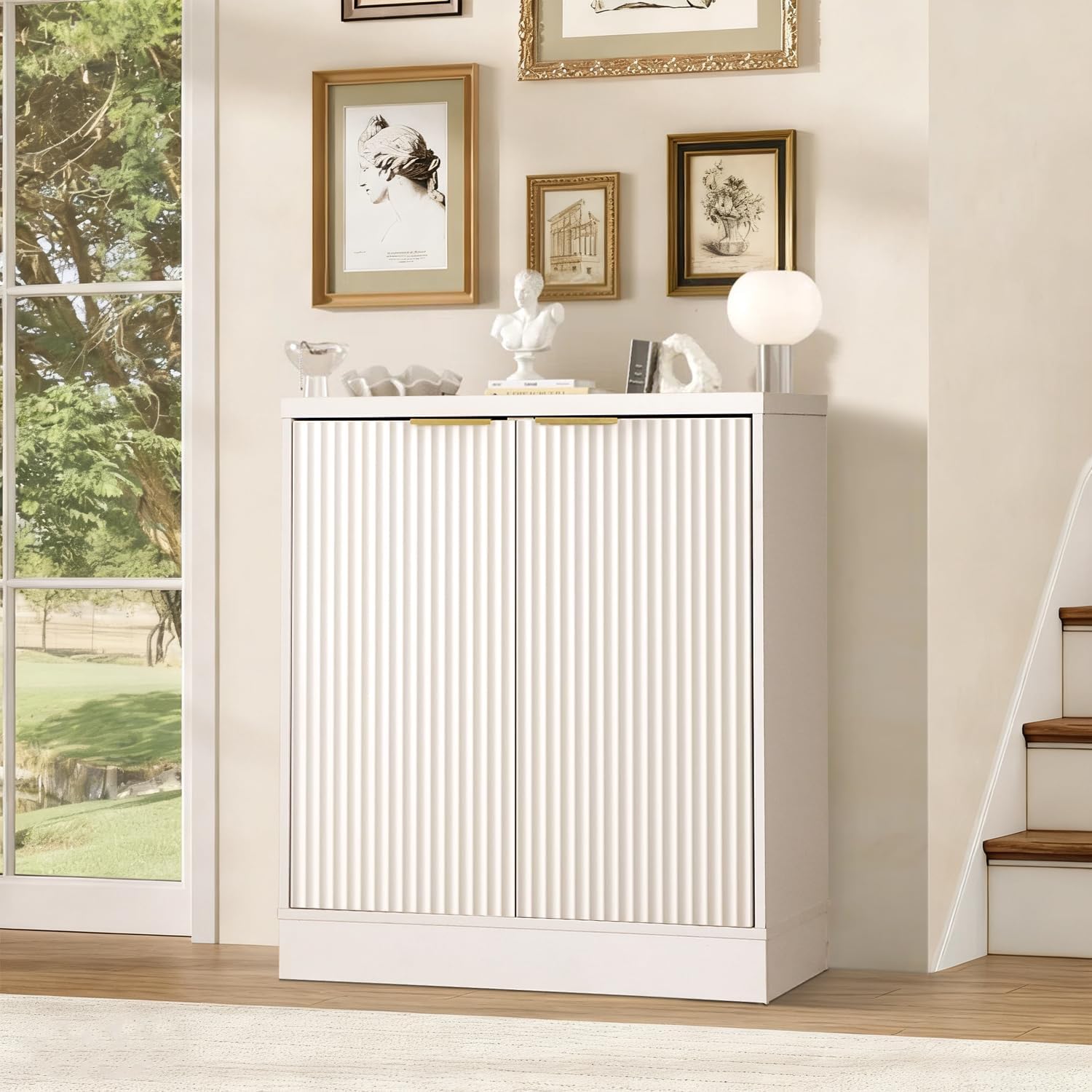 28" Fluted Buffet Sideboard Cabinet with Storage - Modern Accent Credenza Console Table with Adjustable Shelves for Kitchen, Dining Room, Living Room, Entryway