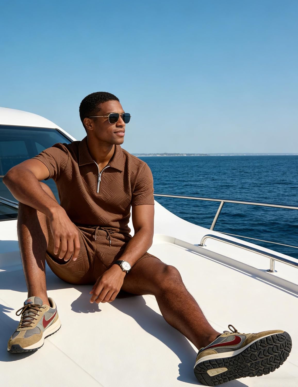 UOUA Mens Summer Track Suits 2 Piece Shorts Sets Short Sleeve Sweatsuit Outfits 1/4 Zip Golf Polo Shirts Loungewear - Image 4