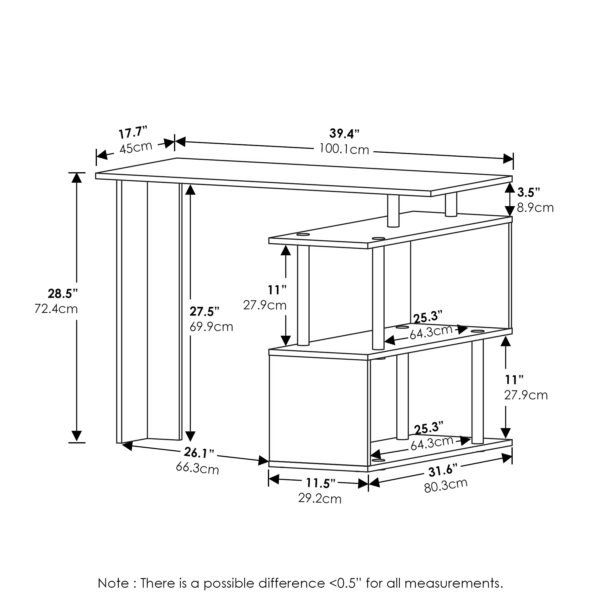 Furinno Komputer w kształcie litery L, biurko, do nauki, drewno inżynieryjne, dąb francuski/czarny, 100,1 (szer.) x 72,4 (wys.) x 80 (gł.) cm