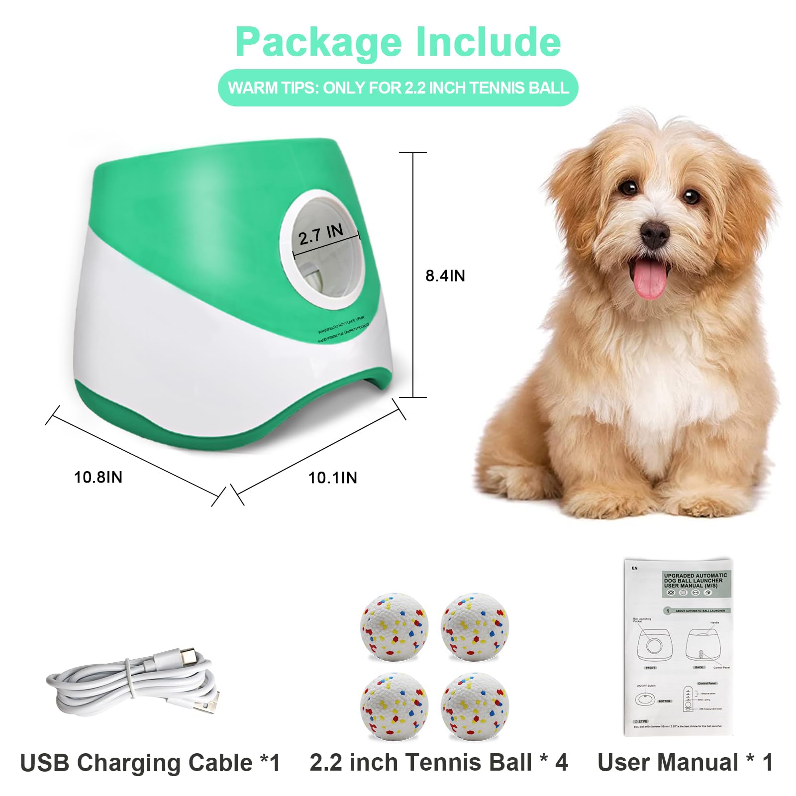 Lanceur de balle automatique pour chiens avec mode aléatoire, 3 réglages à 14,6 m, lanceur de balles rechargeable avec 4 balles de tennis ETPU pour petites et moyennes races