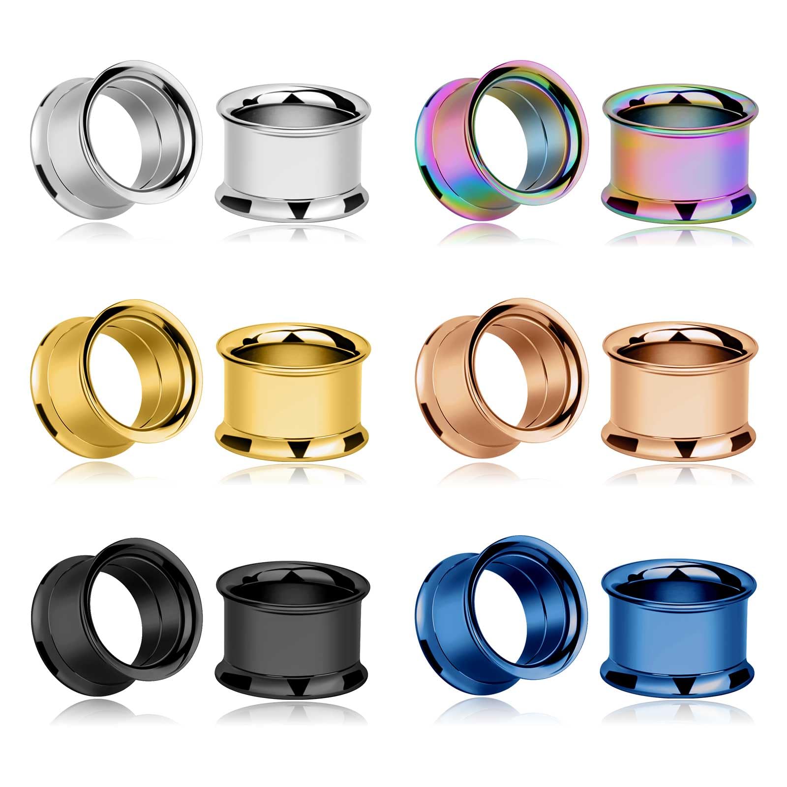 colorful stainless steel screwed double flared ear tunnels expander plugs stretcher 12pcs set gauges 3mm-25mm