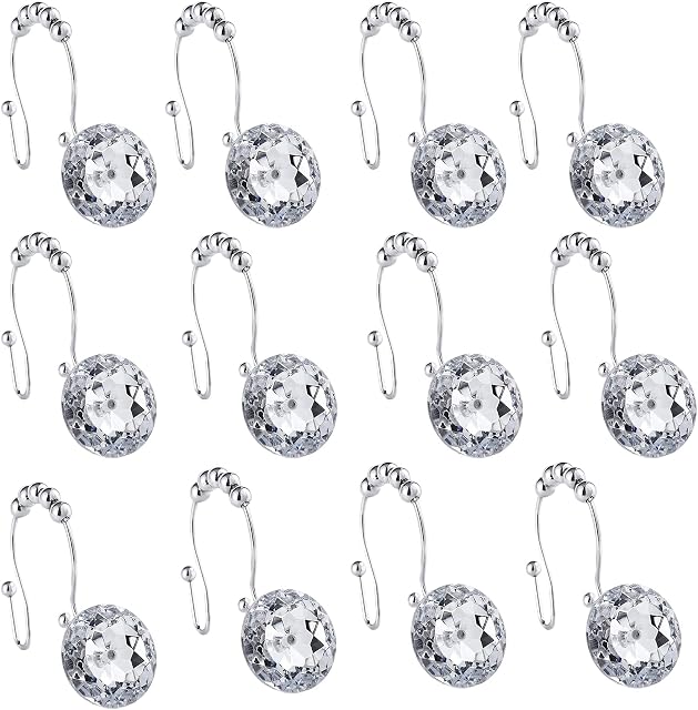 Shower Window Curtain Hooks, 12 Pcs Crystal Shower Curtain Rings, Rust Proof Double Shower Hooks for Bathroom and Living Room Decorative (Crystal Clear, 12)