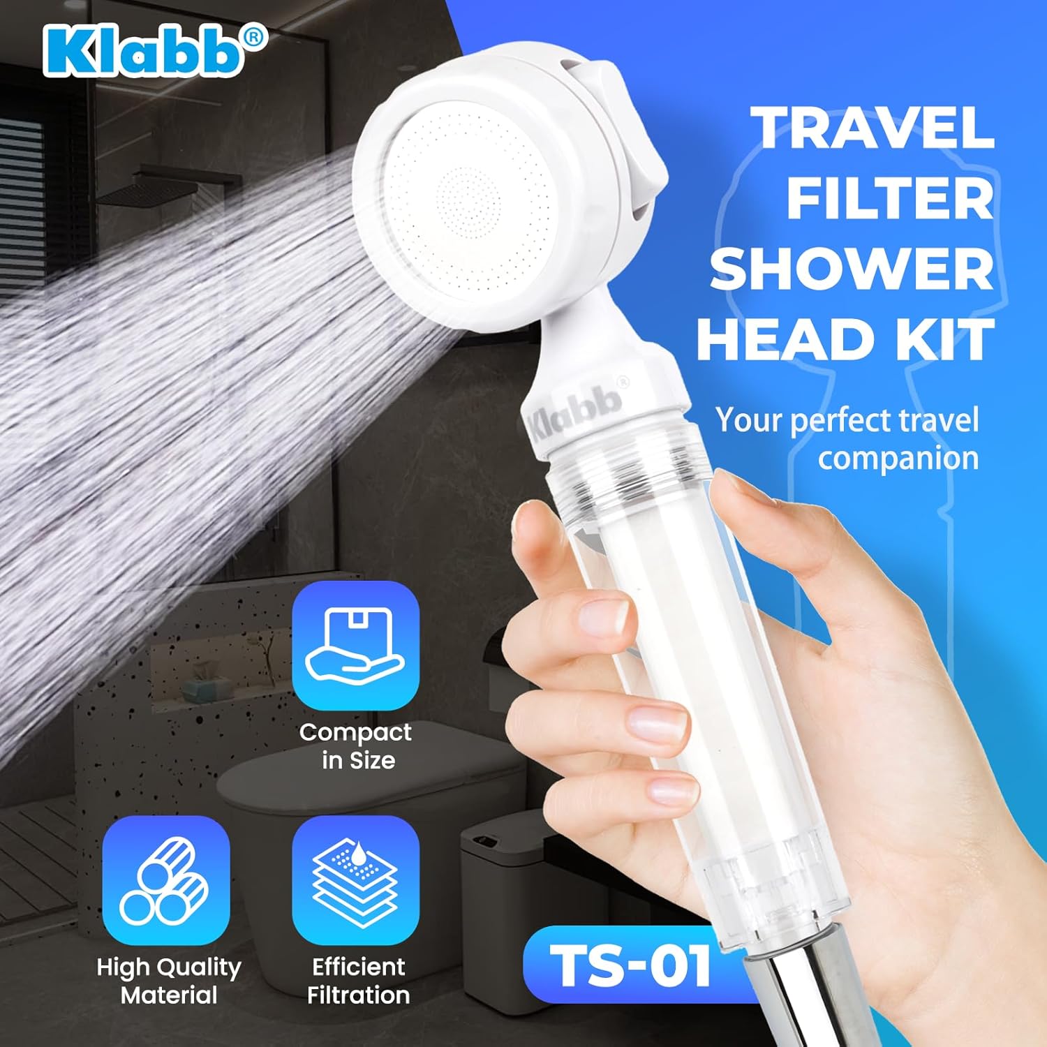 KLABB Mini High Pressure Handheld Shower Head Kit with Replaceable Filters | 79" PVC Hose & Waterproof Bag, Portable Travel Shower, Clean Water Filtration for Camping & RV
