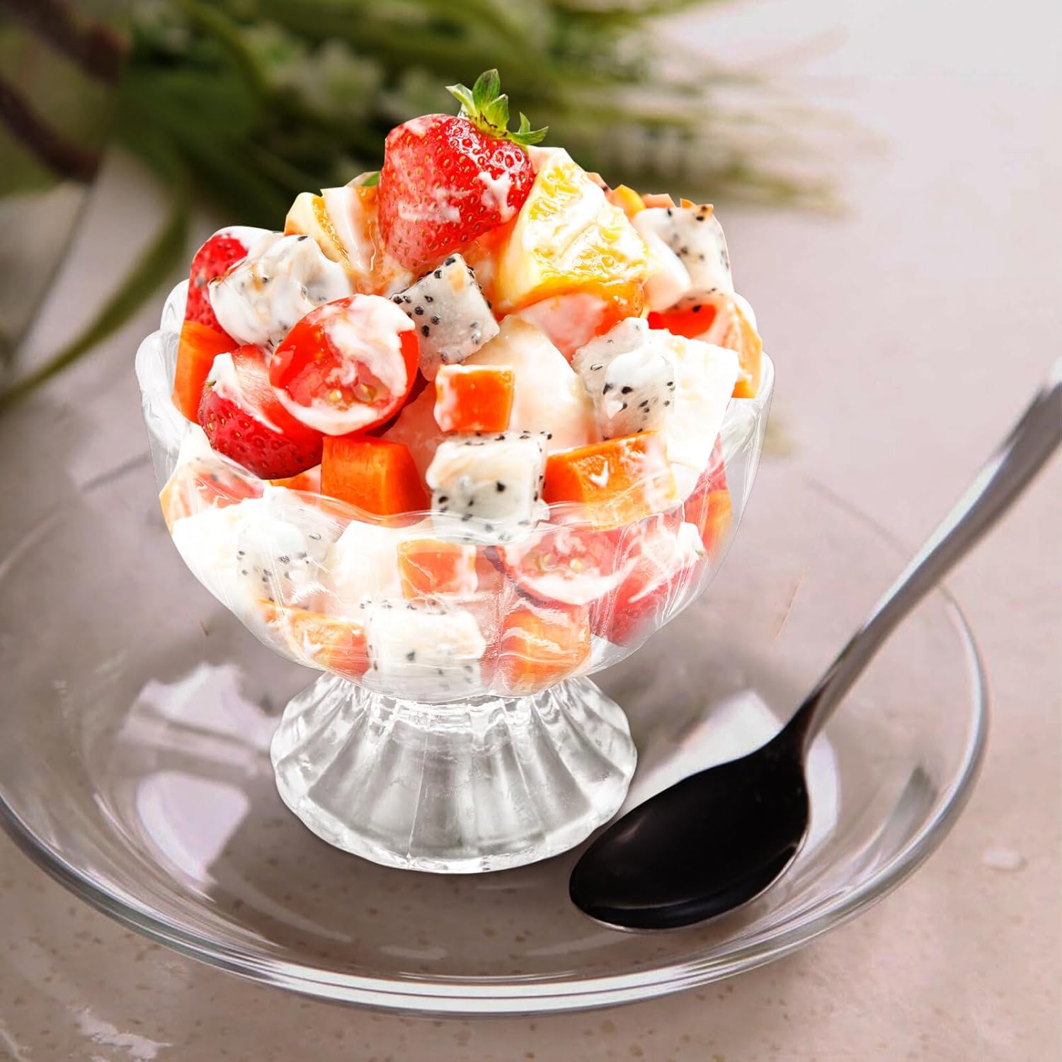 VANZACK 4pc Set Footed Ice Cream Bowls Glass Dessert Cups Spoons Ice Goblets for Desserts Party Supplies