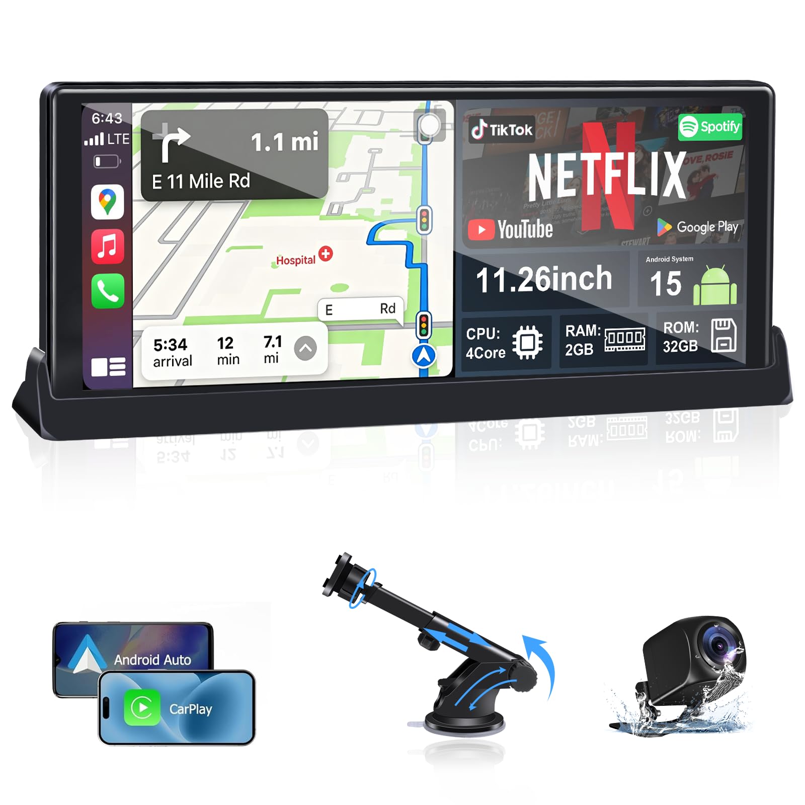 11,26 Zoll Wireless Carplay Display Android Auto Display mit Netflix YouTube TikTok Android 15 Car Play Autoradio mit Bildschirm Dual-Bluetooth OTA Navigation Sprachsteuerung Rückfahrkamera 1080P