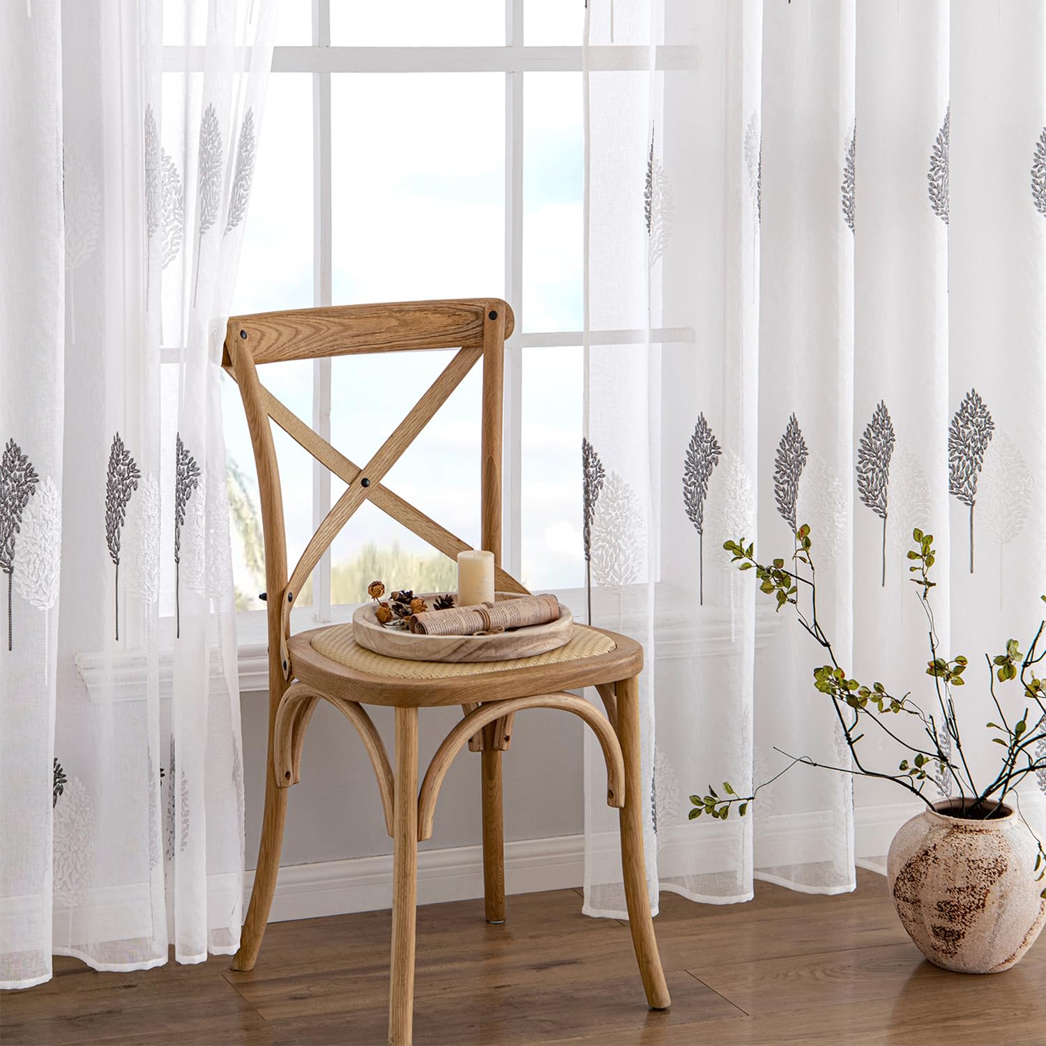 MIULEE Tende Voile trasparenti ricamo foglia passanti 2pz Grigio 140x290cm | Tende voile trasparenti con ricamo foglia, passanti fissaggio, eleganti per soggiorno e camera da letto
