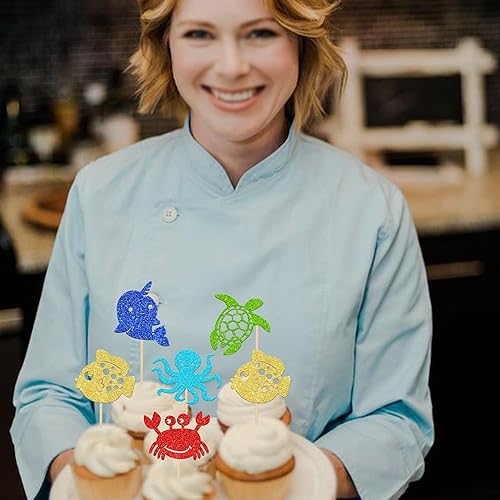 Miniatura 6 de 30 piezas de decoración de cupcakes de animales marinos del océano, pez narval, tortuga, pulpo, cangrejo, cupcakes, baby shower, bajo el mar,