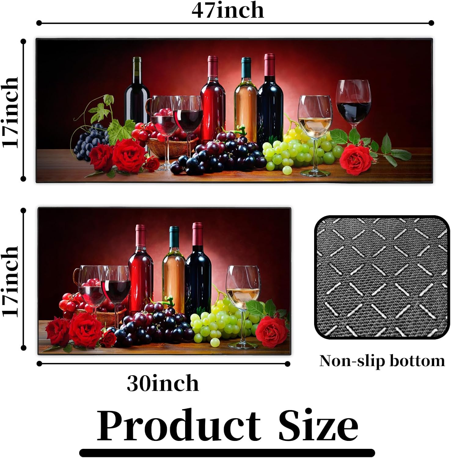 Red Wine Kitchen Decor Rug 2 Piece Set, Country Farmhouse Style Kitchen Floor Mat, Absorbent and Washable Runner Decorations Rug 17×30+17×47 Inches