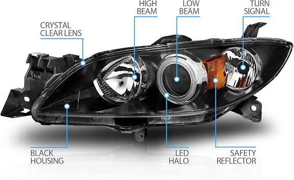 for 2004-2009 Mazda 3 4-Door Sedan Xtreme LED Halos Projector Black Replacement Headlights Pair - Passenger and Driver Side