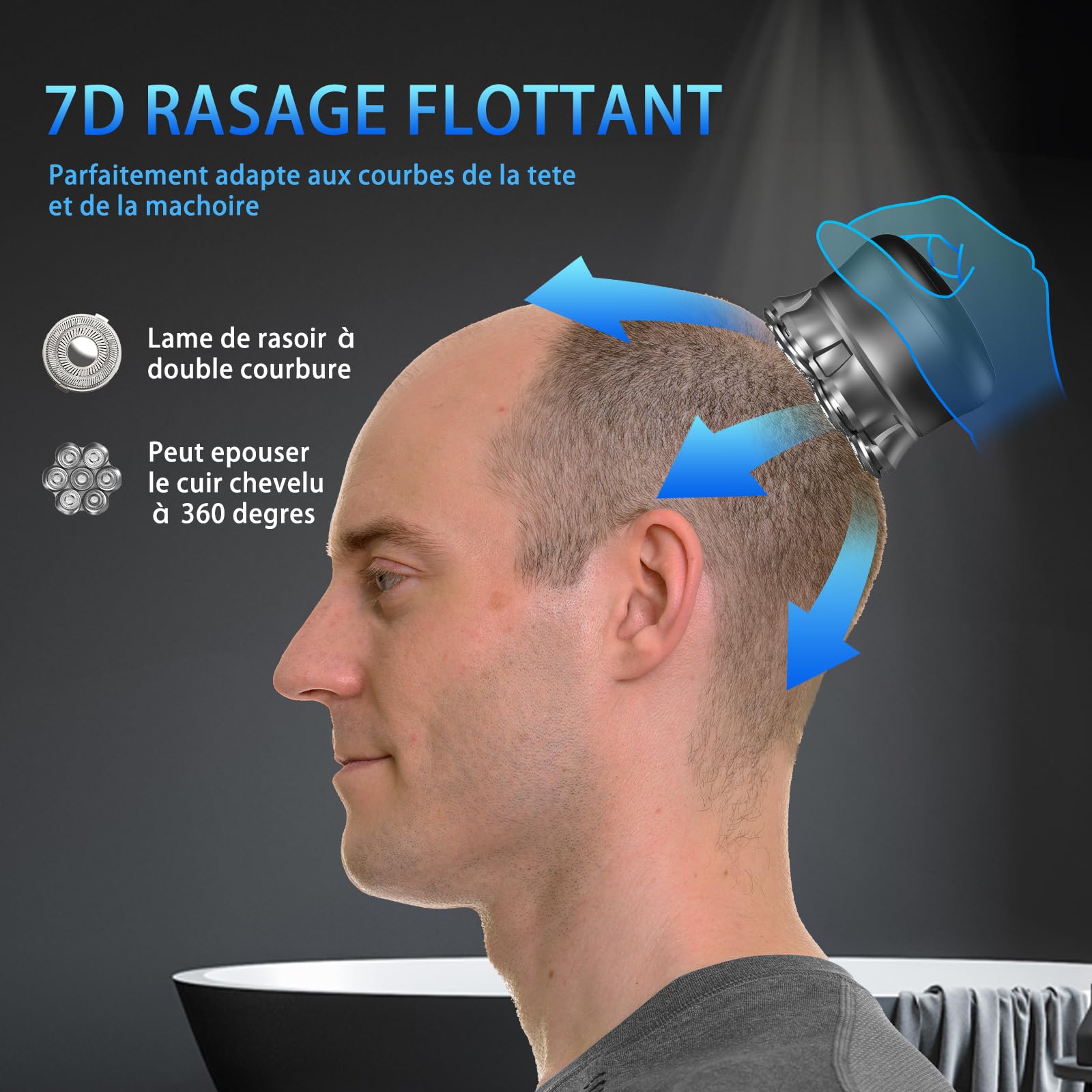 Rasoir Electriques Hommes, 7D Rasoir Tete Chauve Homme, Tête Magnétique Tondeuse Barbe Homme, Tondeuse à cheveux portable étanche sèche/humide, avec écran LED (4in)