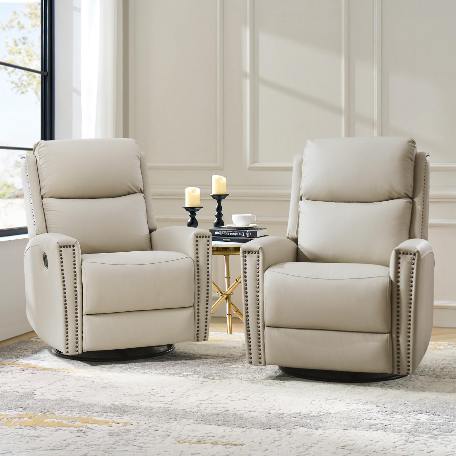 HULALA HOME Genuine Leather Swivel Rocker Recliners Set of 2, Manual Glider Recliner Chairs with Adjustable Backrest & Footrest, Beige