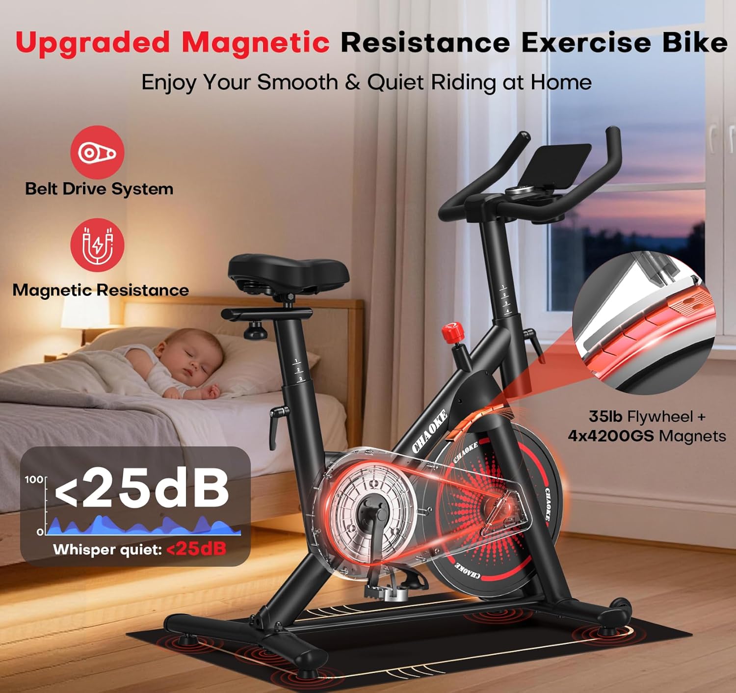 CHAOKE Exercise Bike, Quiet Adjustable Magnetic Stationary Bike for Home Cardio with App Compatible, 350LB Weight Capacity Indoor Cycling Bike with Large Seat, Dumbbell Rack, Pull Cords & LCD Display - Image 5