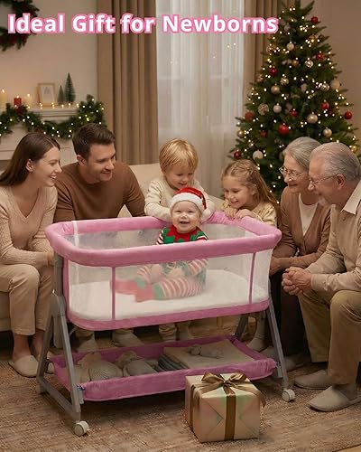 Miniatura 7 de Cuna para bebé junto a la cama con ruedas, moisés portátil de 3 en 1 para bebé niña, cuna de dormir lateral ajustable con malla transpirable y