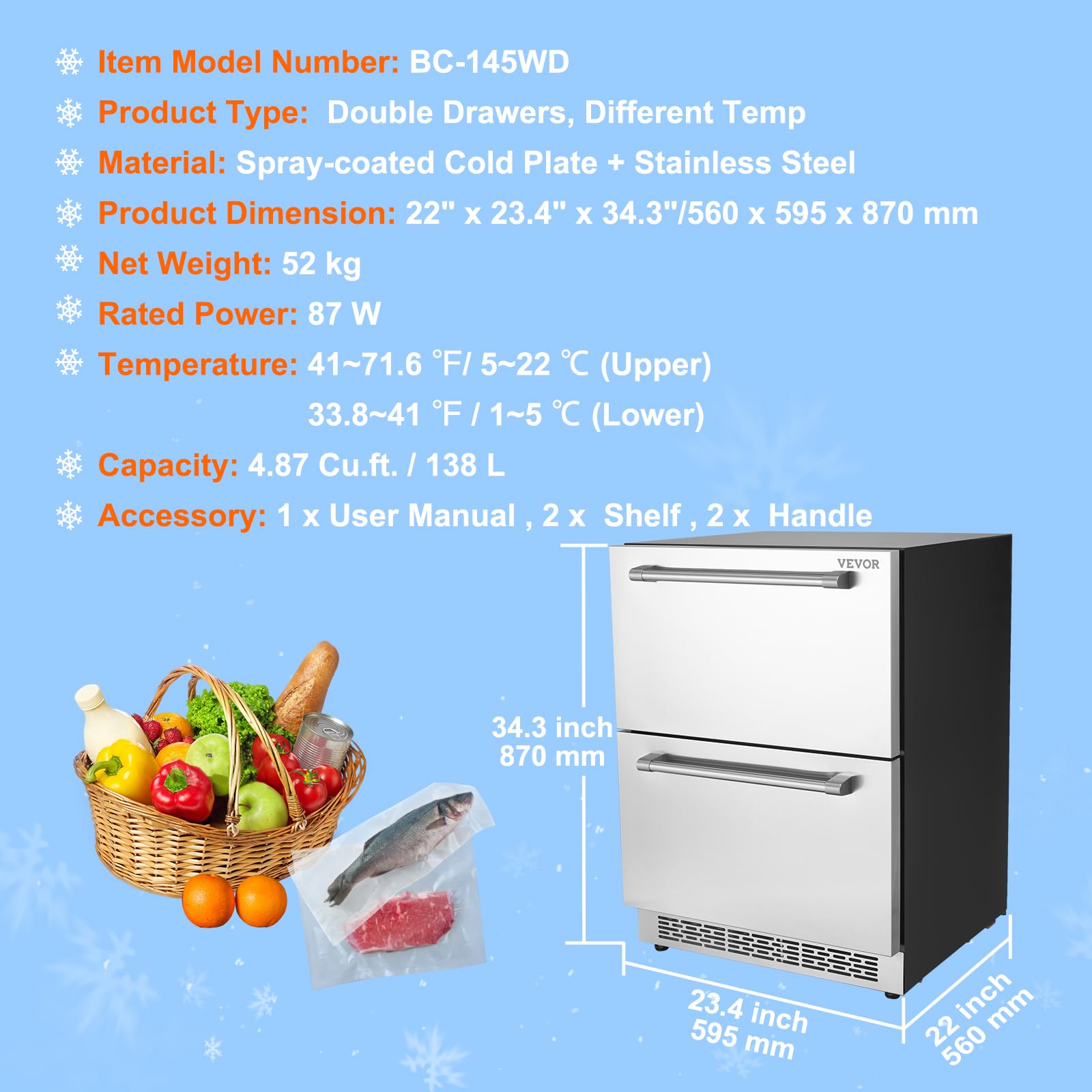VEVOR 24" Undercounter Refrigerator, 2 Drawer Wine Refrigerator With Different Temperature, 4.87 Cu.Ft. Capacity, Waterproof Indoor And Outdoor Under Counter Drawer Fridge For Home And Commercial Use on Fridge.com - View 6