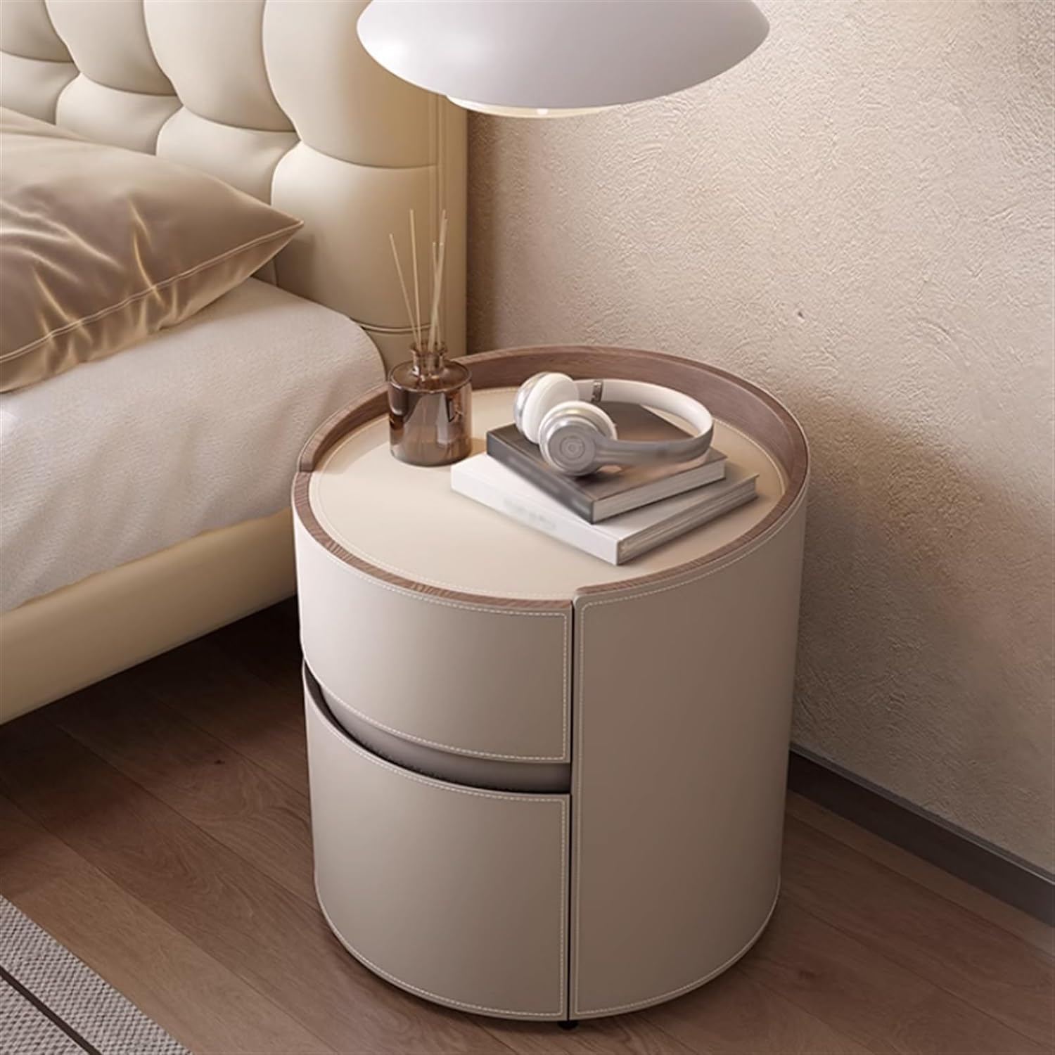 PEYNIR Comodino Rotondi in Pelle Artificiale con 2 Cassetti, Set di 2 Comodini Letto Color Kaki