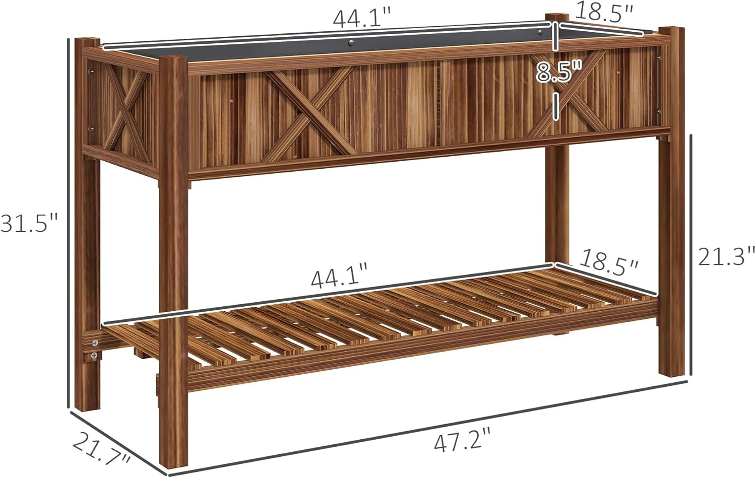 47x22x31.5in Durable Raised Garden Planter Box Featuring Storage Shelf, Advanced Drainage Holes, Plastic Liner, Carbonized Surface