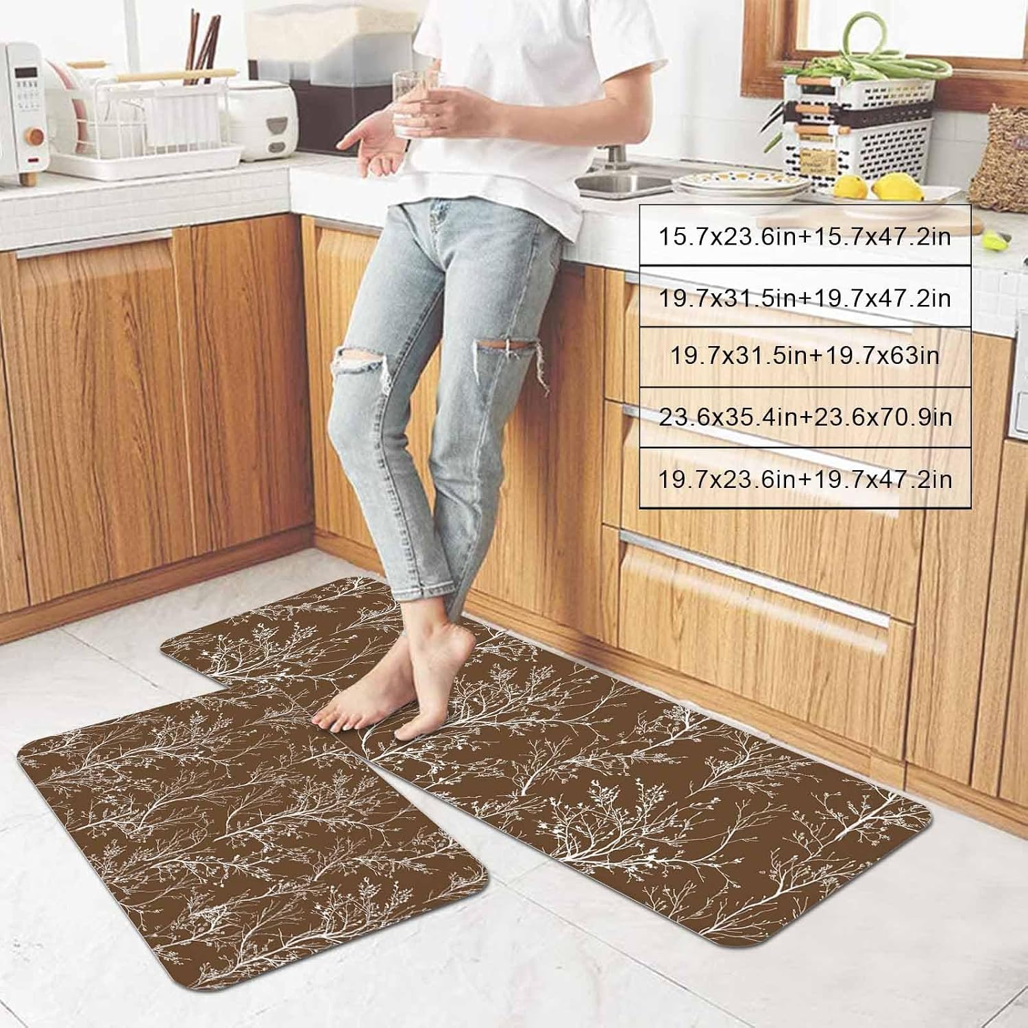 Dark Brown Kitchen Mats Set of 2 White Tree Branch Botanical Abstract Plant Leaves Non Slip Mat Washable Floor Rug for Kitchen Sink Floor Laundry, 19.7"x31.5"+19.7"x47.2"