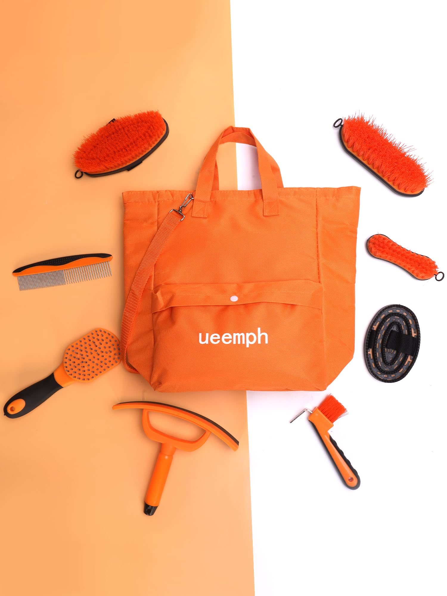 Kit de aseo de caballos (13 piezas), cepillos de caballo naranja, bolsa de almacenamiento, raspador de sudor, peine de melena, guantes de aseo de caballos, regalos para niñas (naranja)