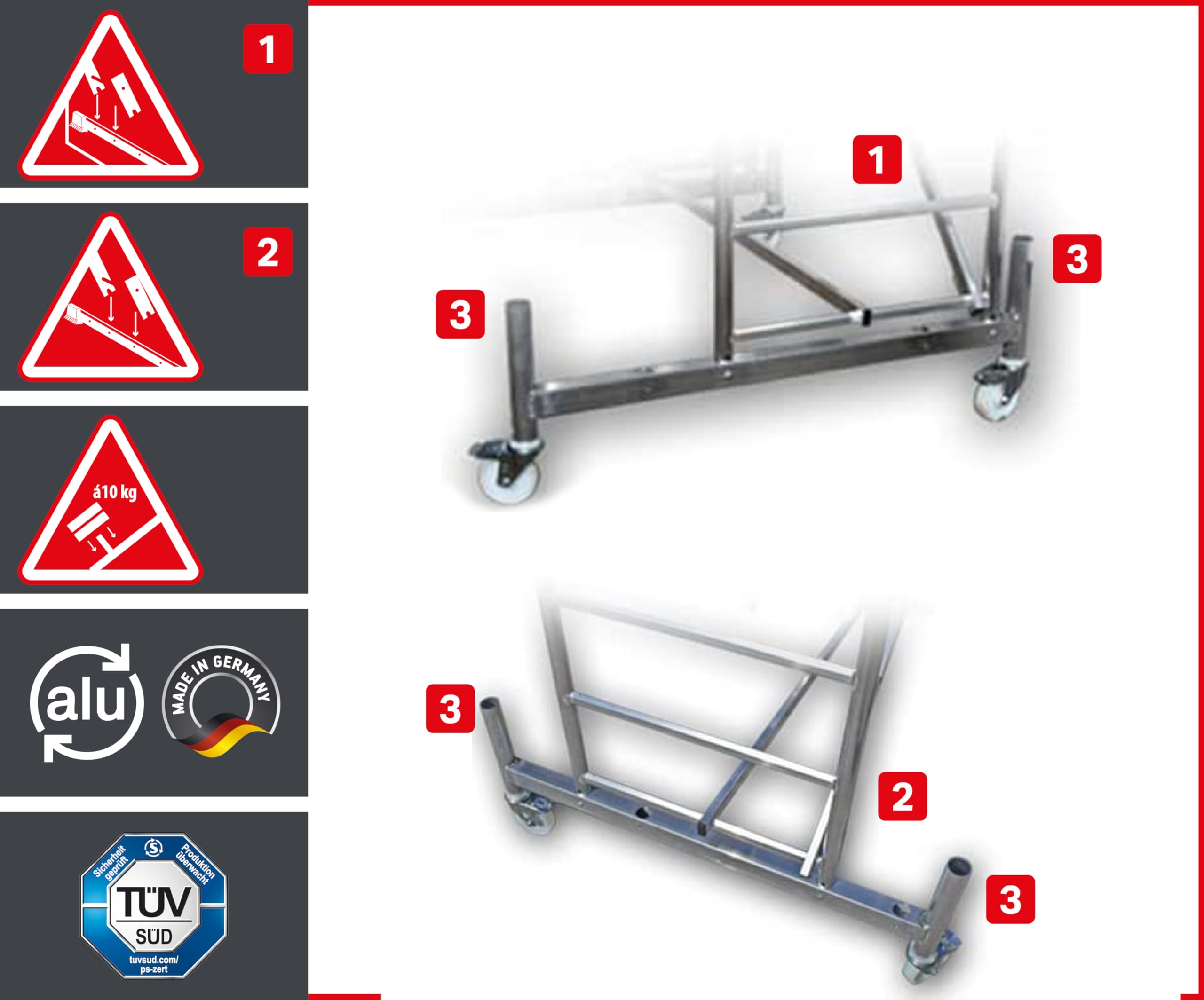 ALTEC Rollfix 1.0 500-5 m - Roues (Ø 125 mm) - Traverse standard - Fabriqué en Allemagne - Certifié TÜV - Charge maximale 200 kg/m² - Échafaudage de travail en aluminium