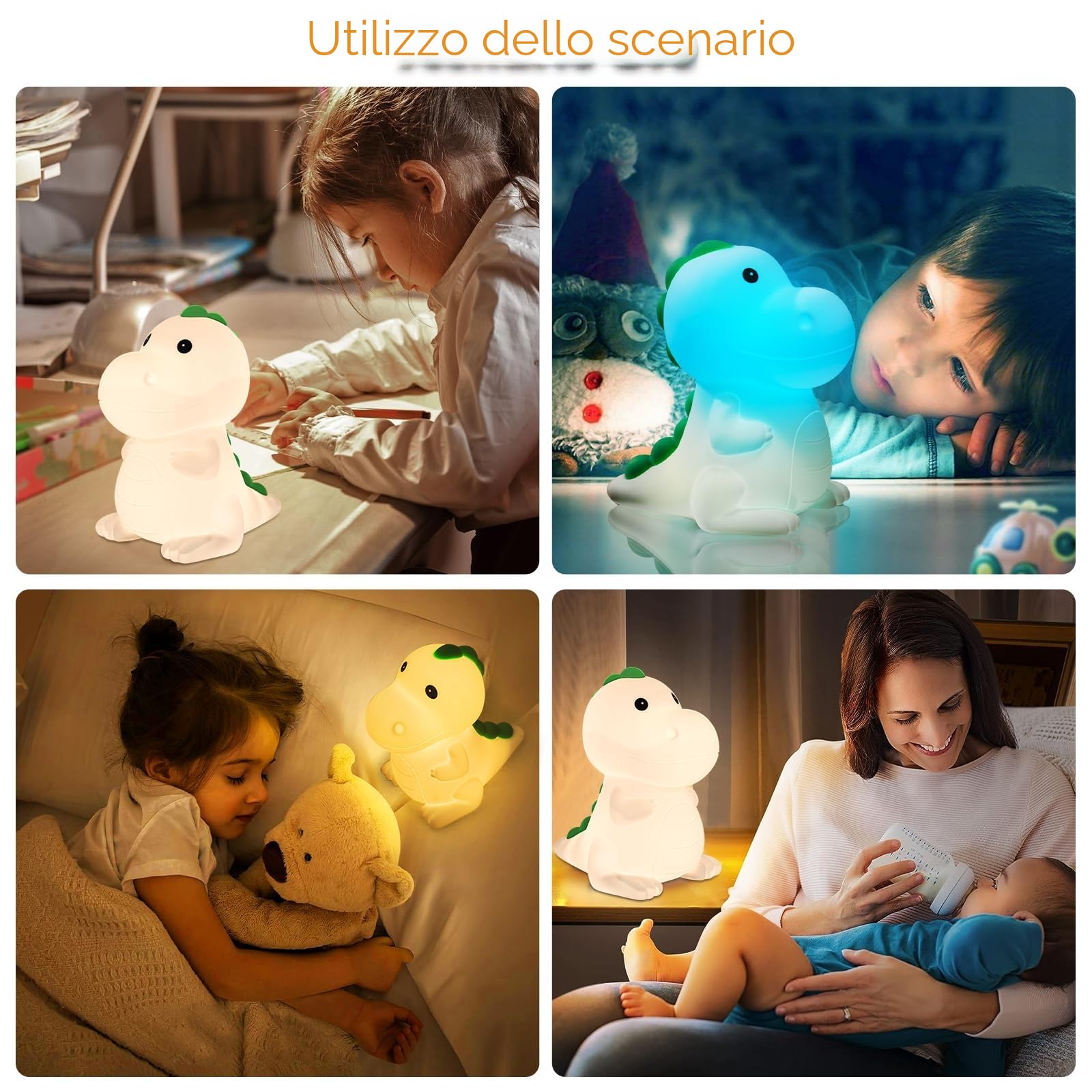 Luce Notturna Bambini Dinosaur lampada da comodino Luci della camera da letto Dormi leggero con 7 Colori Lucina Notte, luminosità regolabili, Touch Lampada Notturna Colorata per bambini