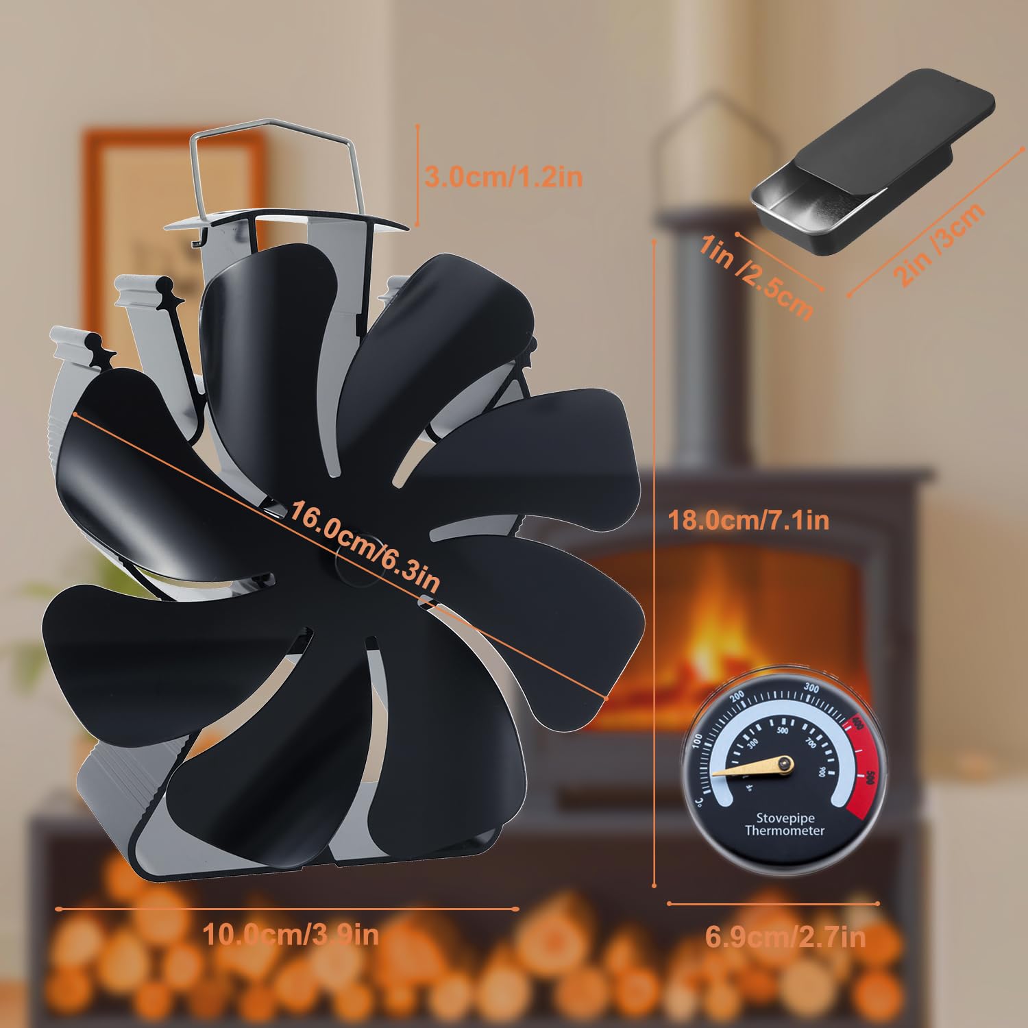 VODA Ventilatore per stufa a legna con calore, 8 pale non elettriche, ventola termica attivata dal calore per stufa a legna/bruciatore a legna, accessori per stufa, termometro