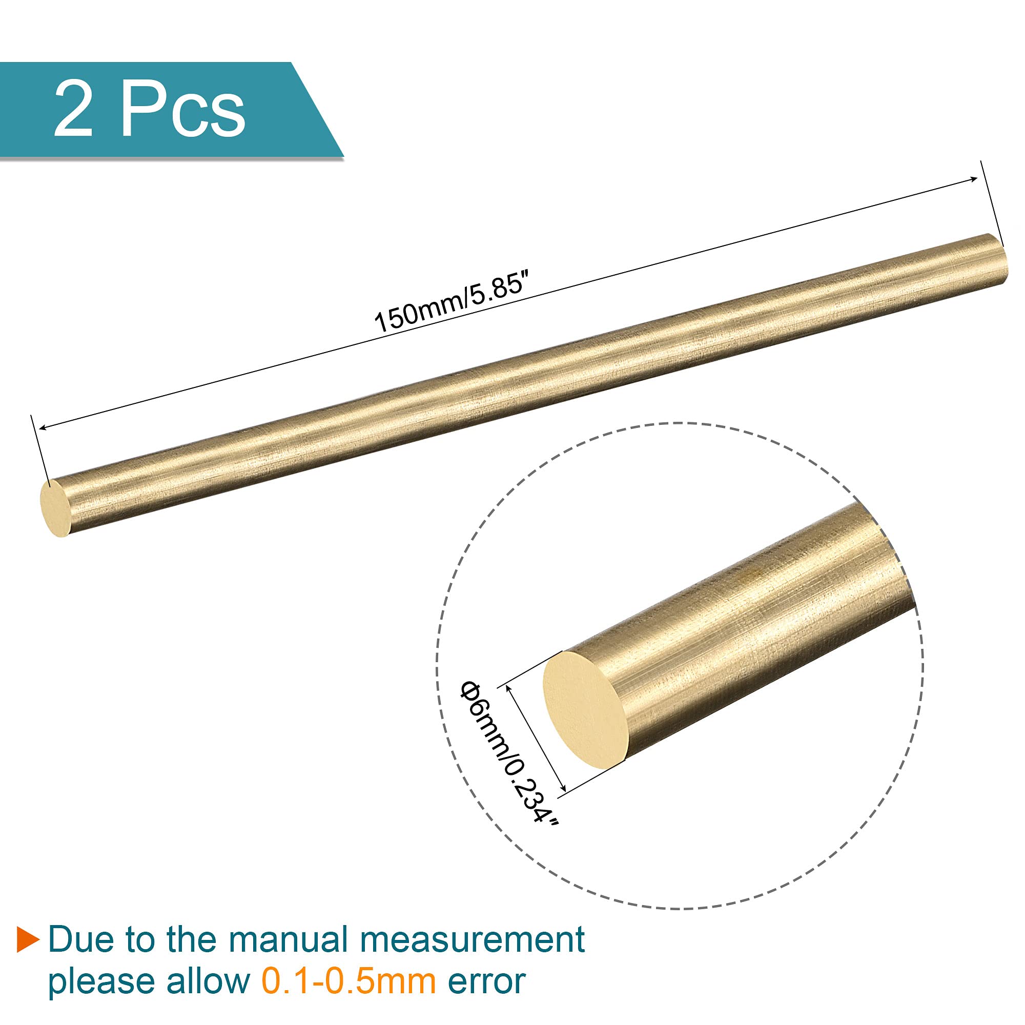 PATIKIL Ottone Stelo Rotondo 6mm 1/4" 150mm Barra Stock per Modello RC Fai da Te 2pz