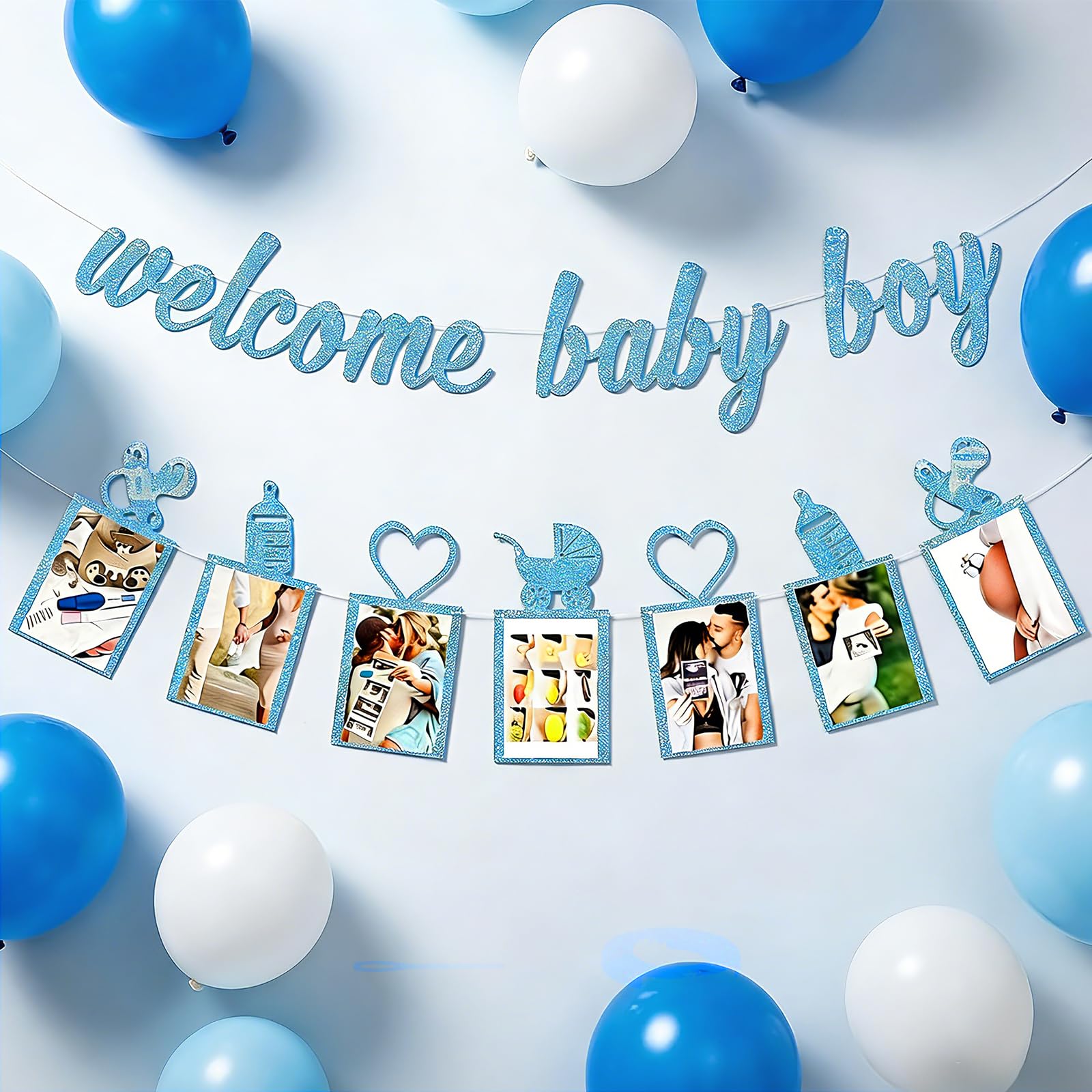 Baby Shower Banner for Boy with Photo Display - Glitter Blue Its a Boy Banner with Pre-Punched Holes & Hanging Kit - Newborn Party Decorations
