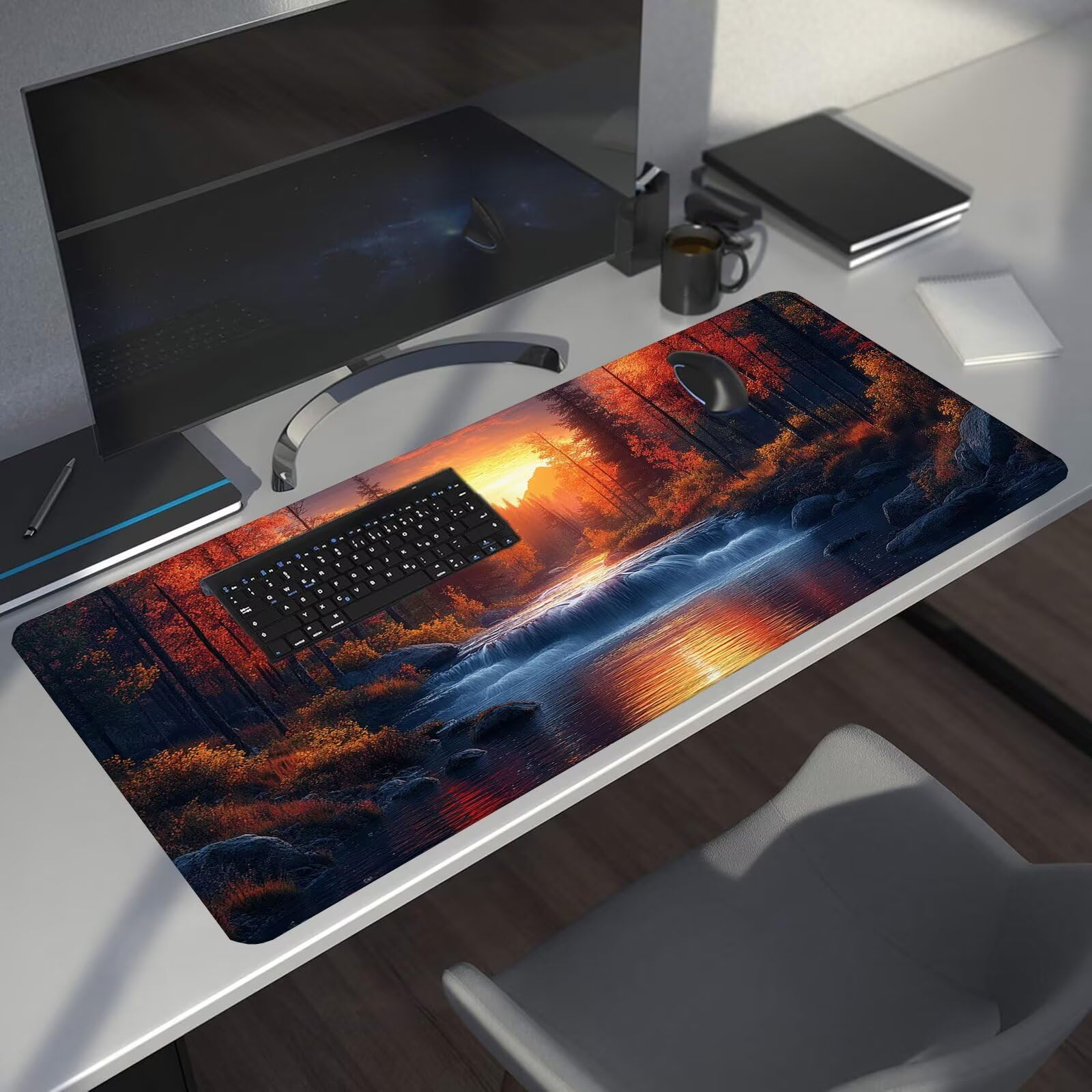 Leśna podkładka pod mysz XXL Zachód słońca 1600 x 800 x 4 mm Podkładka pod mysz do gier, duża wodoodporna antypoślizgowa podkładka na biurko, podkładka pod mysz szyte krawędzie dla graczy, komputer,