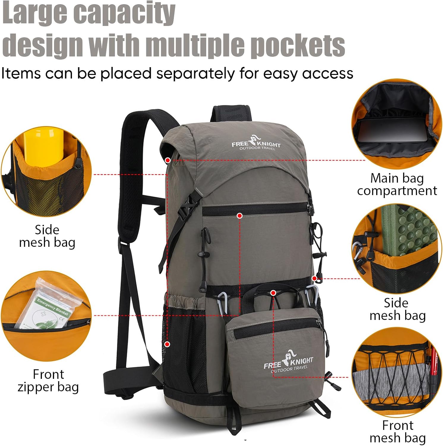 Bseash 30L Lightweight Hiking Backpack, Outdoor Sport Waterproof Travel Bag Daypack for Cycling Climbing Skiing (Gray)