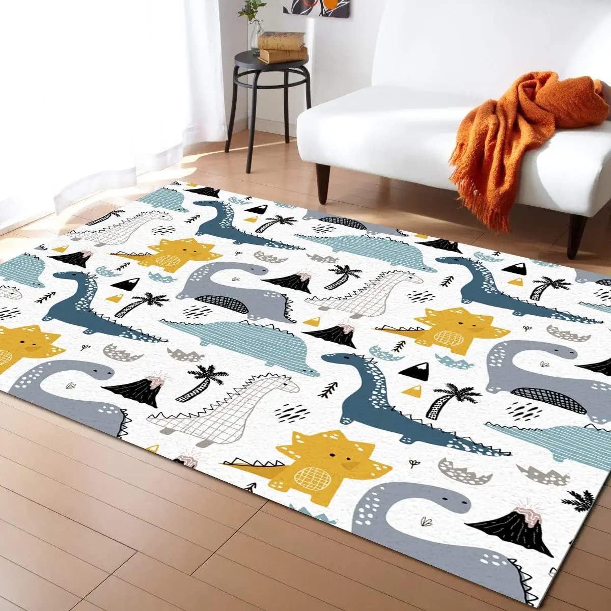 Cartoon Dinosaur Kids Rugs, Lovely Volcanic Coconut Tree Indoor Non Slip Area Rug, Machine Washable Breathable Durable Carpet for Living Room Entryway Bedroom Dormitory - 3 ft x 4 ft, Style-5