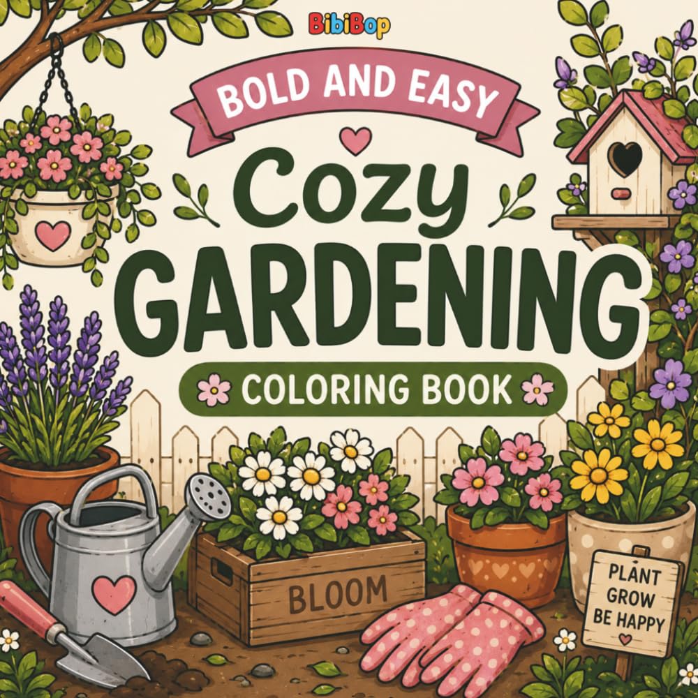 BOLD AND EASY COZY GARDENING COLORING BOOK: Relaxing Cottage Garden Designs, Simple Floral Coloring Pages, Bold Line Art for Stress Relief, Mindfulness, Beginners and Seniors