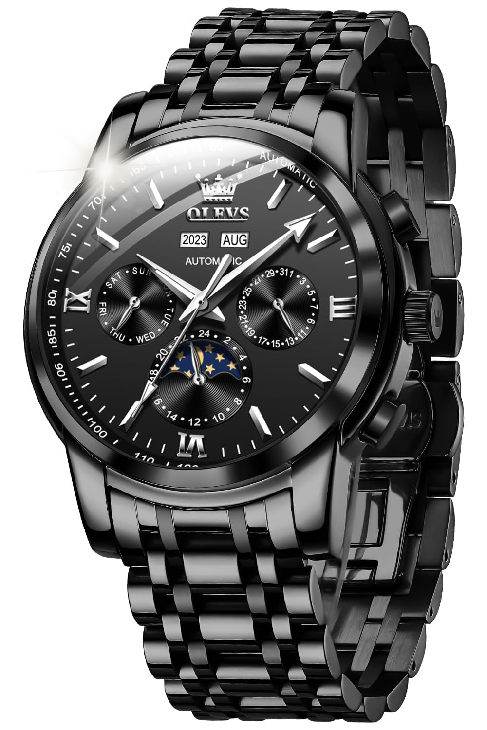 OUPINKE Herrenuhr Automatik Mechanische Armbanduhr mit Mondphase Wasserdicht Luminous Tag Datum Zweifarbige Edelstahlarmband