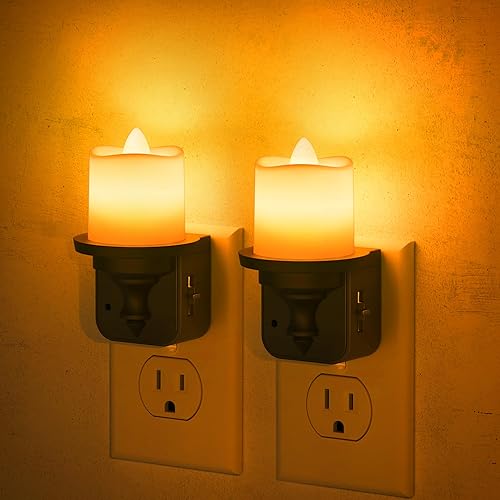 JandCase Flameless Candle Night Light, 2 Pack Night Lights Plug into Wall, 2000K Amber, 0-100LM Dimmable Nightlight, Dusk to Dawn Sensor Light for Dinning Room, Living Room, Bathroom, Hallway - Candle-Amber - 2 Pack