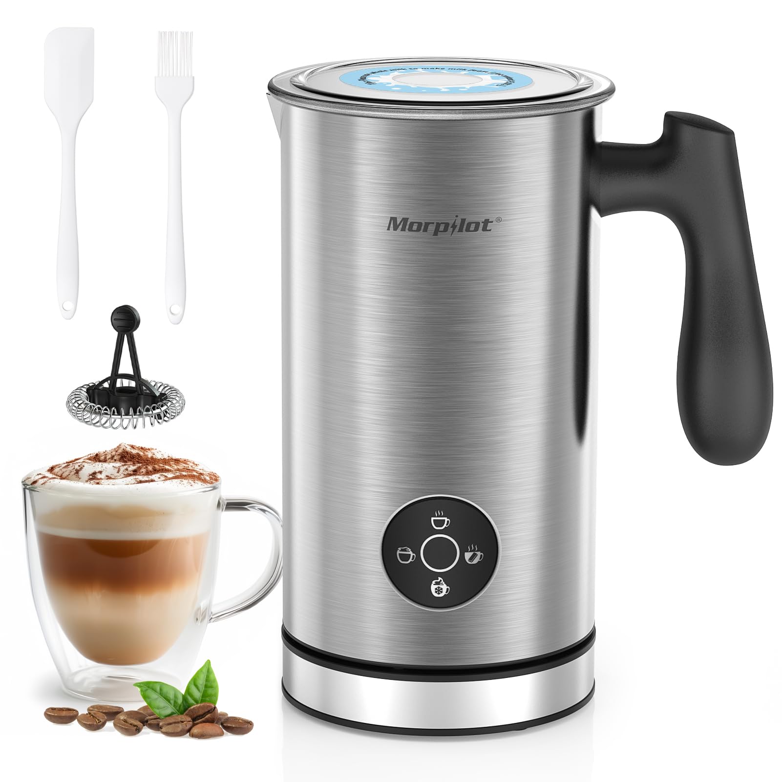 Morpilot MMF-031M Electric Milk Frother pouring frothed milk into a glass for a latte.