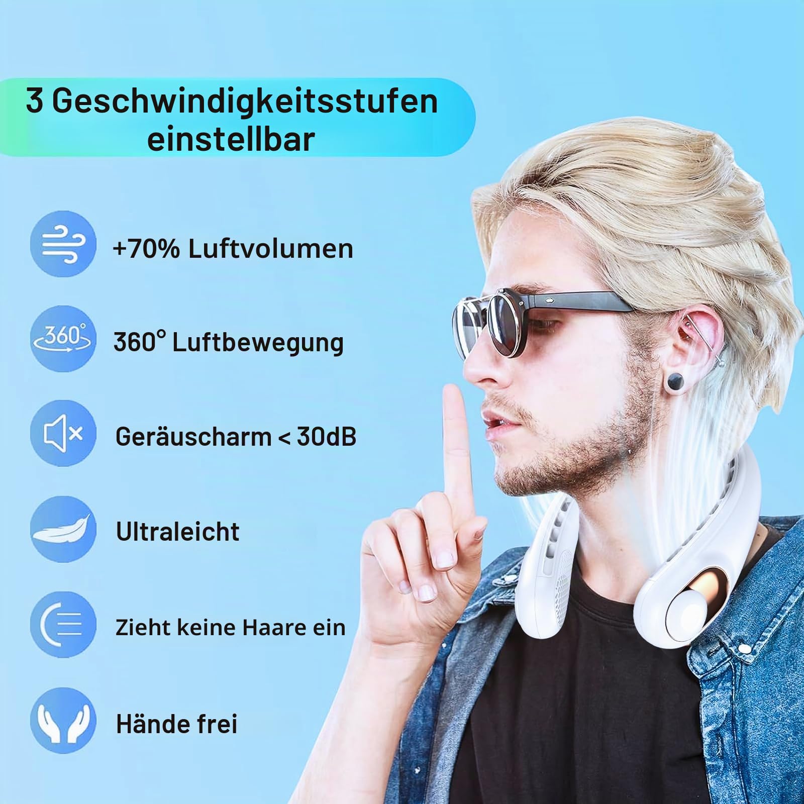 KIDEE Nackenventilator, Halsventilator 360° Luftstrom, Tragbarer Neck Fan zum Umhängen, Ultraleise Mini Ventilator, 3 Geschwindigkeiten, 4000mAh Akku, USB Wiederaufladbar, Snowy