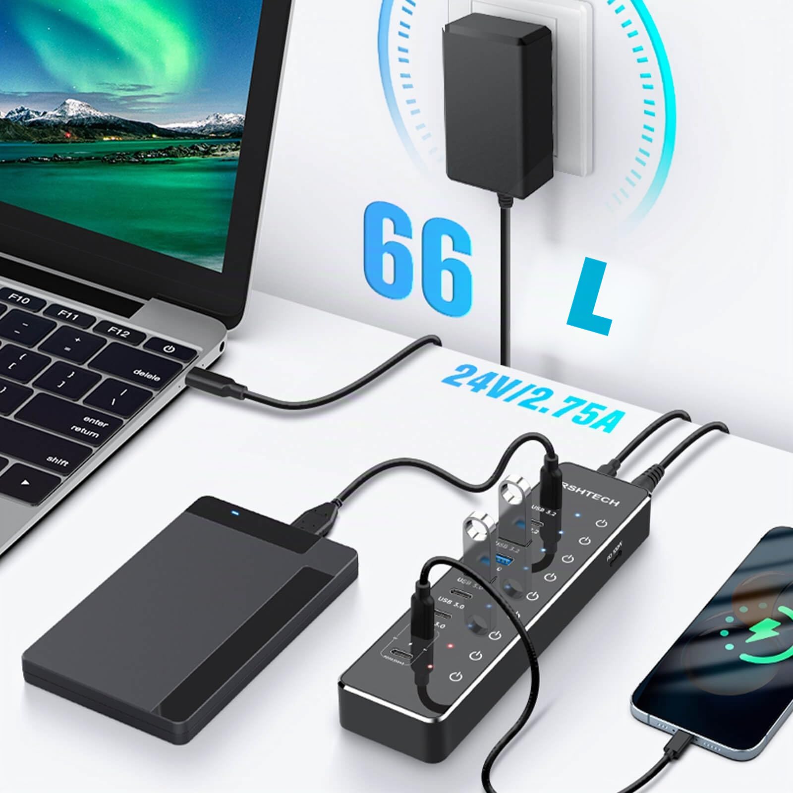 RSHTECH Hub USB C Alimentato 10 Porte 66W con 3 Porte USB-3.2 da 10Gbps (2C+1A), 4 Porte USB 3.0 (2C+2A), 2 Porte USB-C Ricarica Rapida PD 45W e PD 100W, USB Hub per Laptop, RSH-ST10P