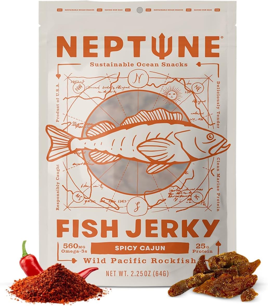 Neptune Fish Jerky - Spicy Cajun - Wild Caught Pacific Rockfish 2.25oz | Gluten-Free & Paleo | 25g Protein & 560mg Omega 3s | Sustainably Sourced from Small US Fisheries