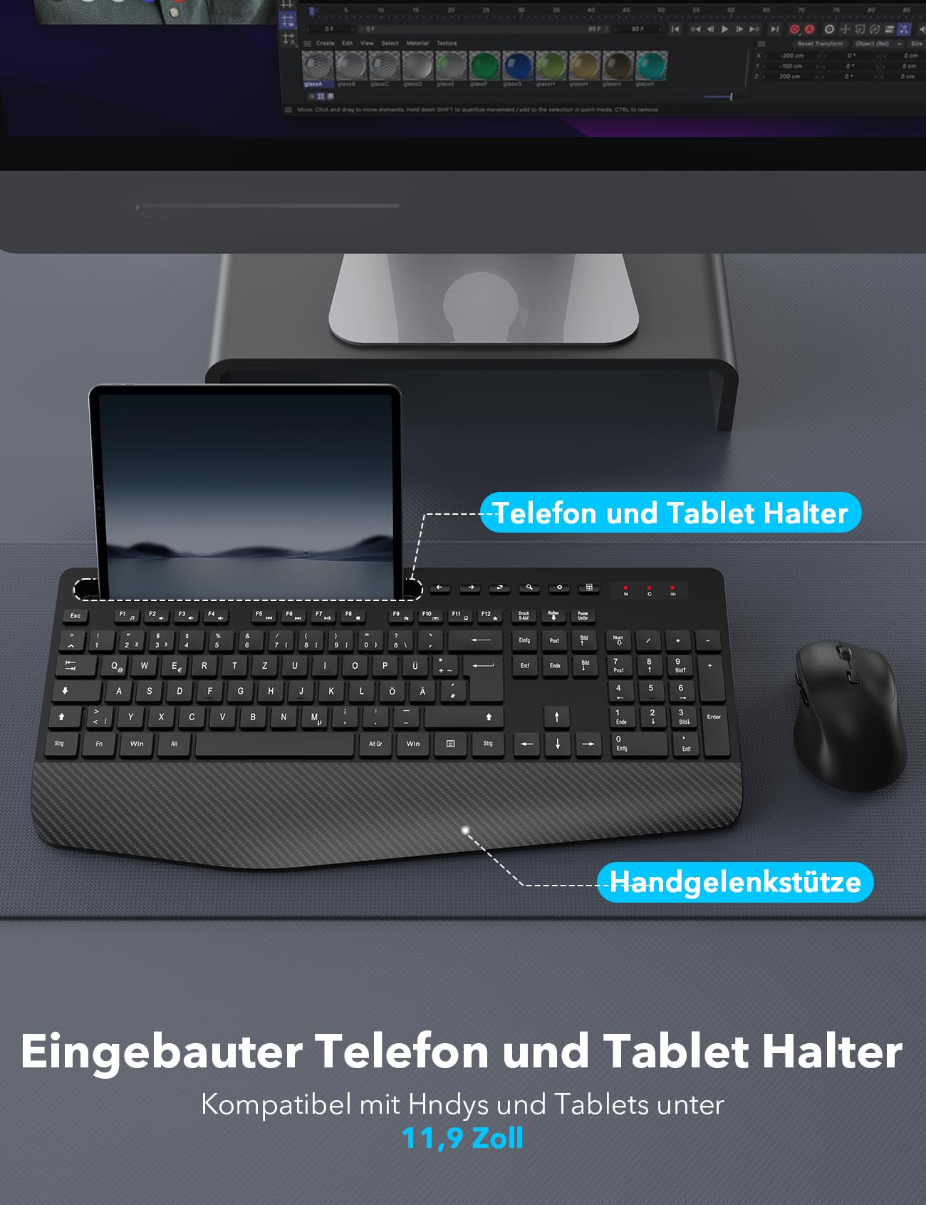 Kabelloses Tastatur Maus Set, Ergonomische Tastatur mit Handgelenkauflage, 2,4 GHz, leise, für Mac Windows Laptop PC