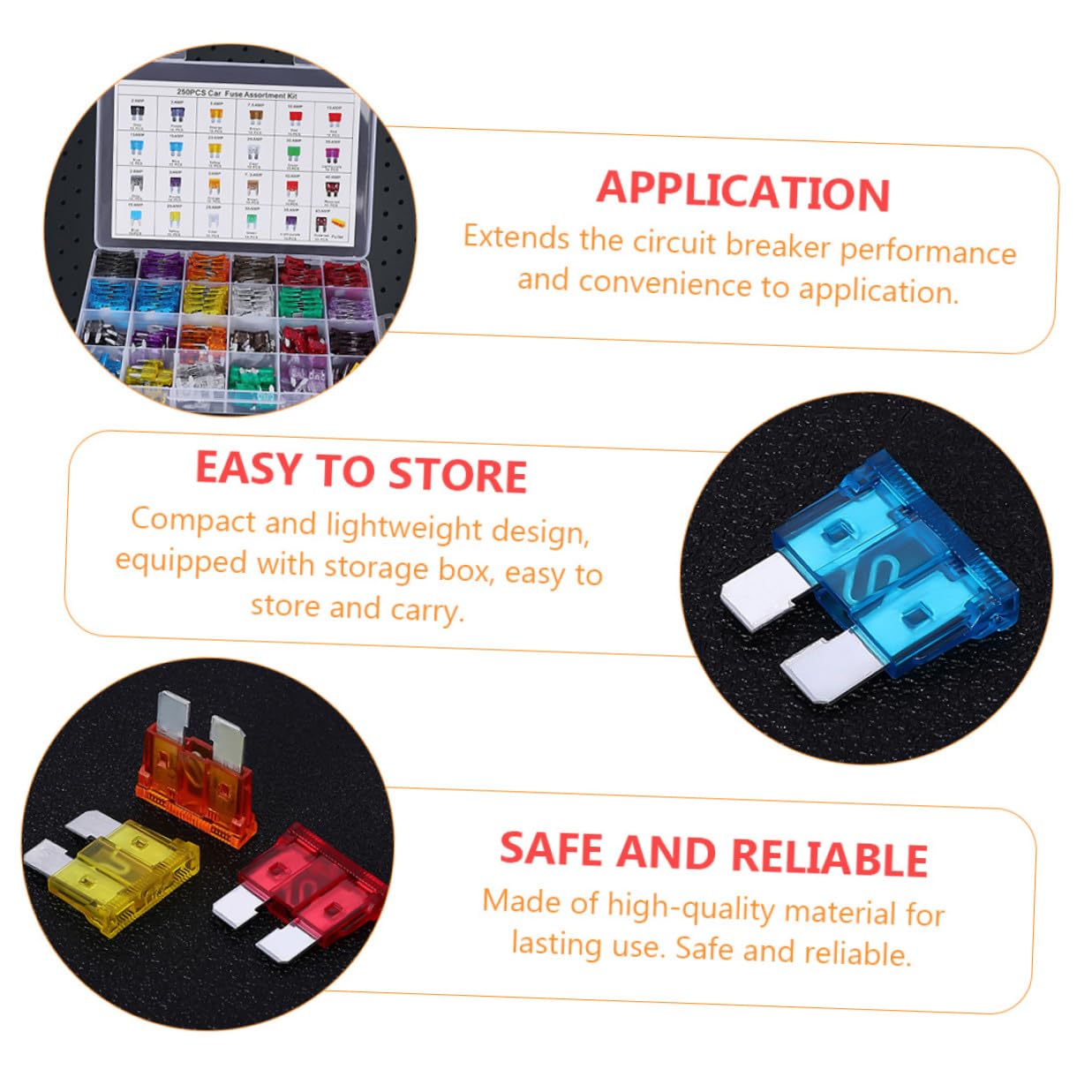 250Pcs Car Auto Fuse Assortment Kit Small and Medium Standard Replacement Blades for Vehicles Trucks Boats with Transparent PE Shell and Insert