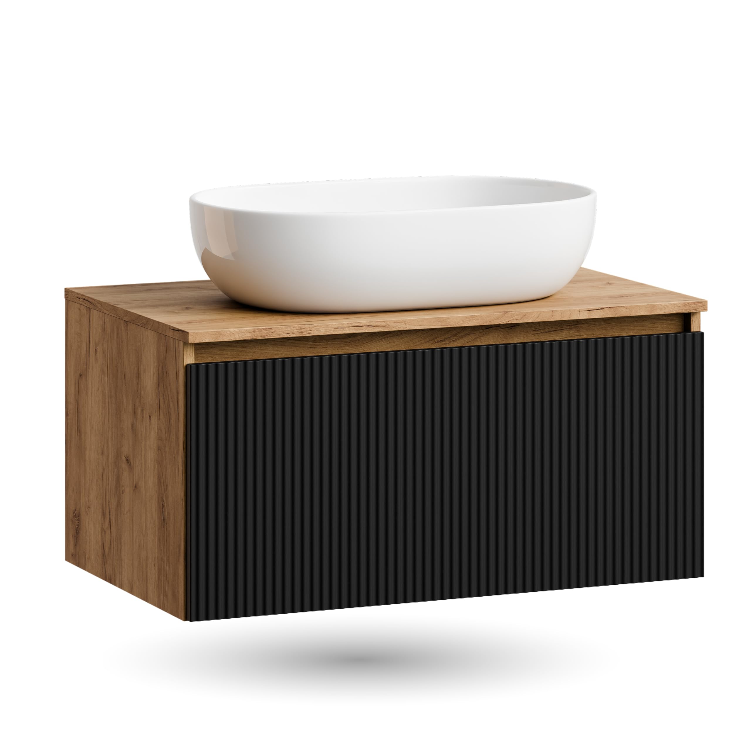 Planetmöbel Arisa Ensemble de meubles de salle de bain avec lavabo 80 cm chêne doré noir (strié), lavabo 60 cm blanc, avec siphon d'économie d'espace