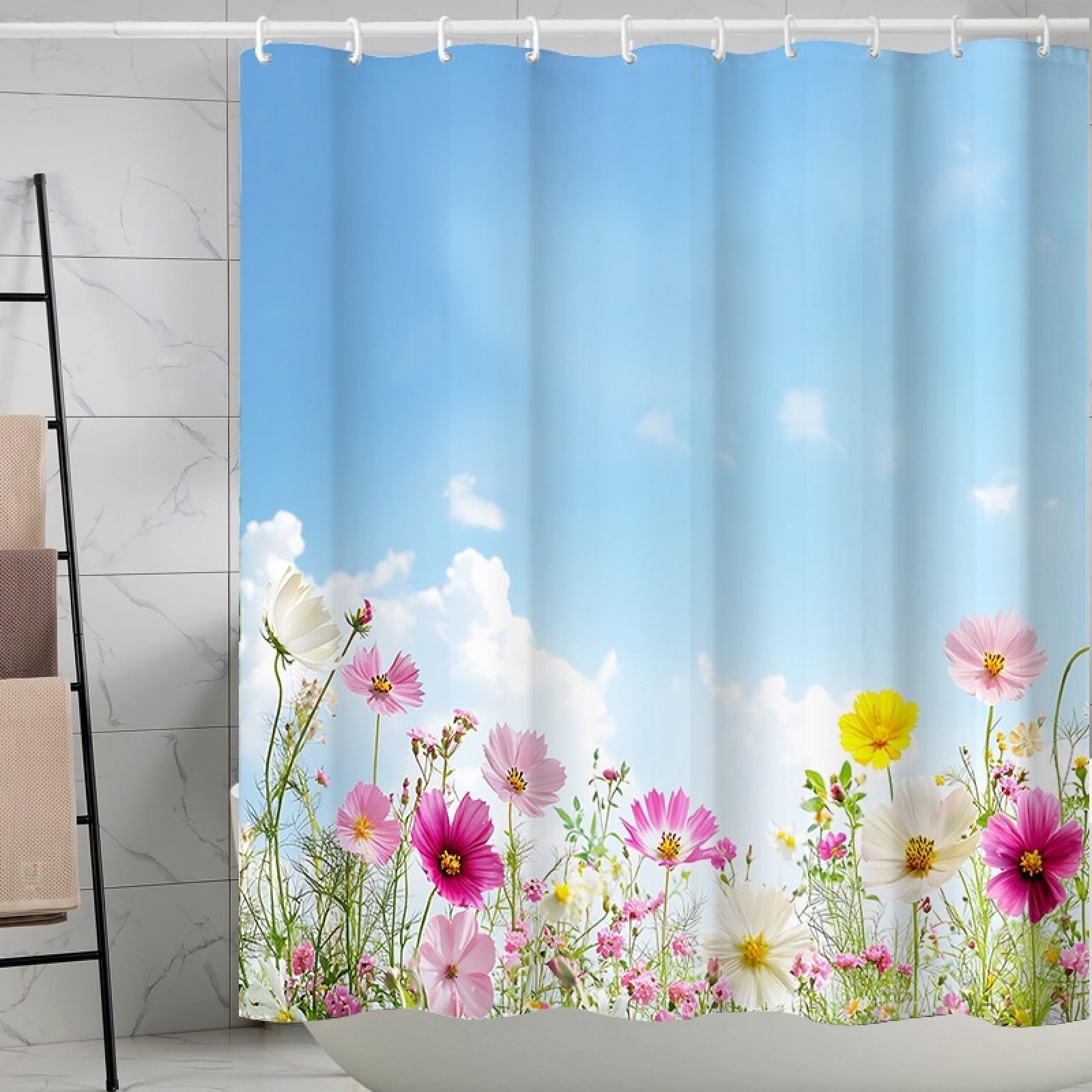 Shower Curtains Blue Clouds Flowers Wet Room Shower Curtain Mould Proof Resistant Waterproof Polyster Fabric Washable with 12 Hooks Garden Bathroom Curtains (180x180cm)
