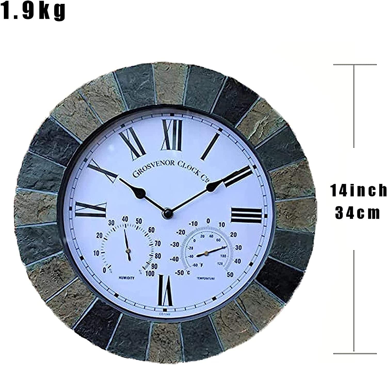 Ogród zewnętrzny zegar ścienny, retro wodoodporny zegar ścienny, 14 cali/34 cm do wewnątrz/na zewnątrz cichy termometr ekspozycyjny i higrometr do tarasu, basenu, ogrodzenia