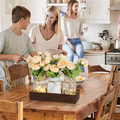 Miniatura 3 de Fowecelt Decoración de mesa con luces de tarro de masón decoración para comedor sala de estar cocina bandeja de madera con 3 frascos de masón centro