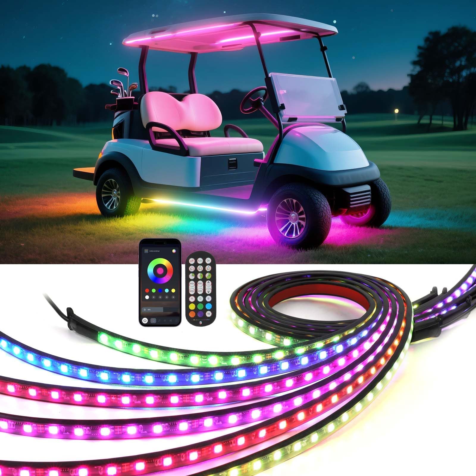 6PCS Golf Cart Underglow LED Light Strip Kit,12-80V,IP65 Waterproof Neon Accent Lighting Kits, Golf Cart Canopy Lights,Glow Neon Underbody Lighting with APP and Remote Control